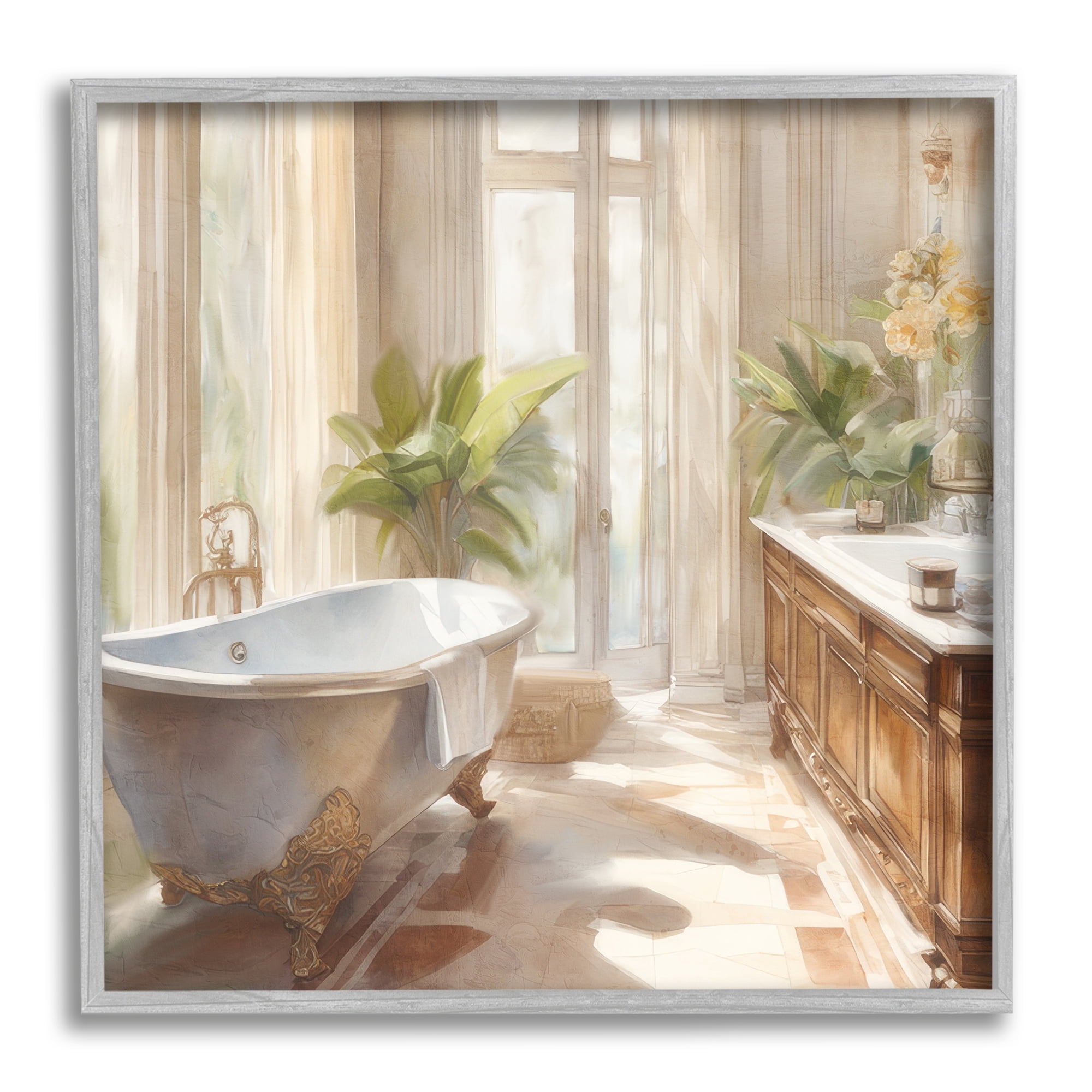 Stupell Industries Sunlit Bathroom View Botanical & Floral Painting Gray Framed Art Print Wall Art, 12 x 12