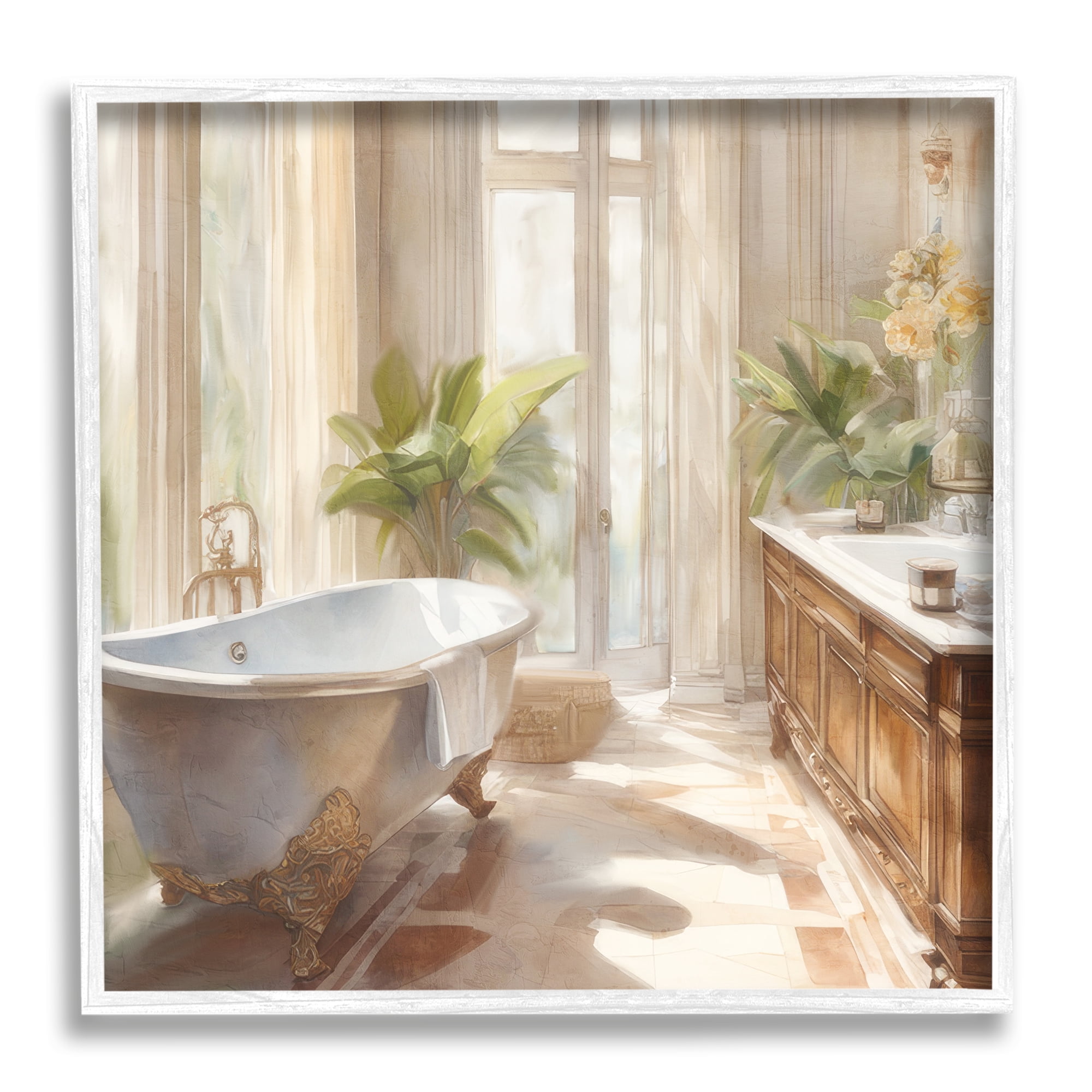 Stupell Industries Sunlit Bathroom View Botanical & Floral Painting White Framed Art Print Wall Art, 12 x 12