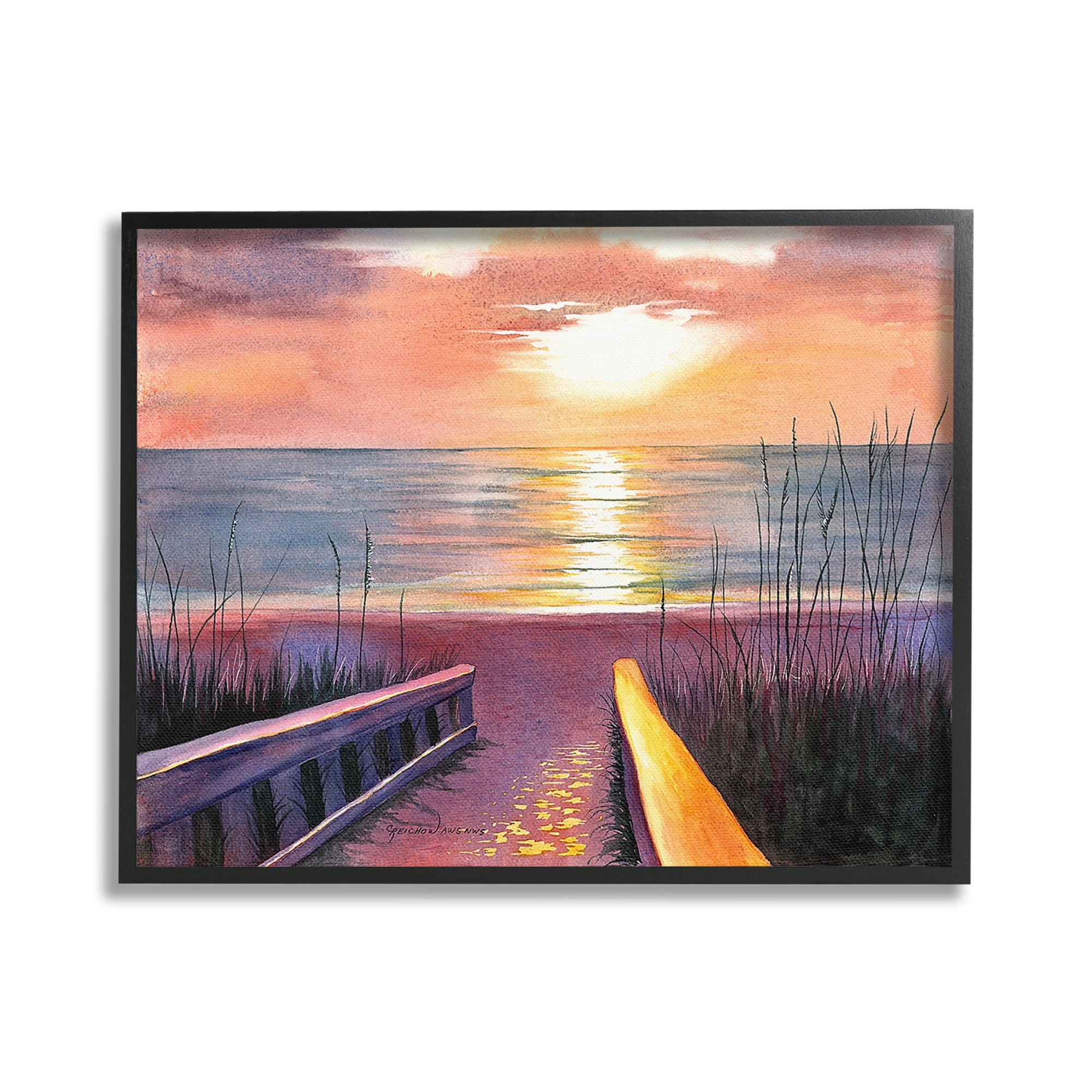 Stupell Industries Sunlit Beach Pathway Landscape Painting Black Framed Art Print Wall Art, 30 x 24