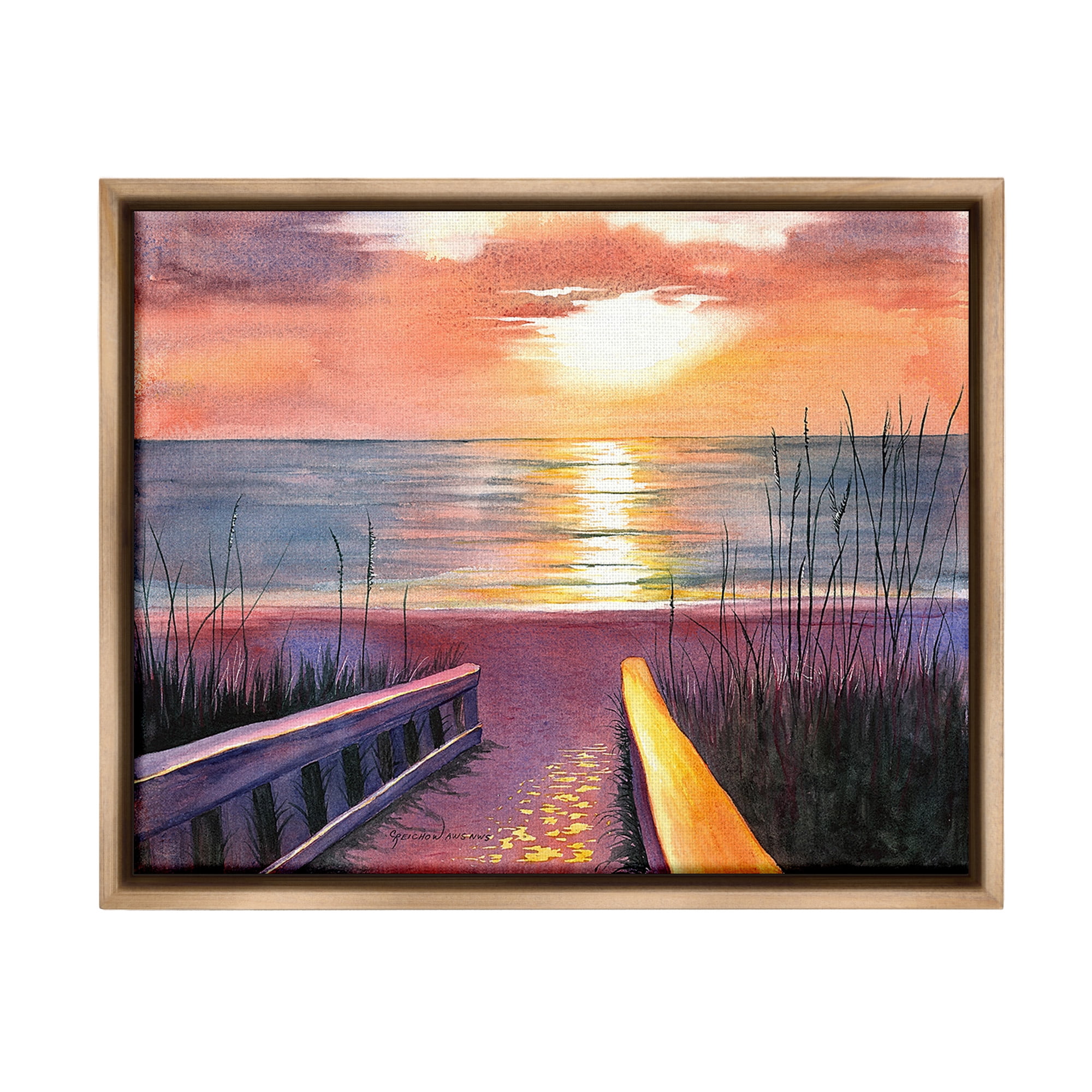 Stupell Industries Sunlit Beach Pathway Landscape Painting Brown Floater Framed Canvas Art Print Wall Art, 21 x 17