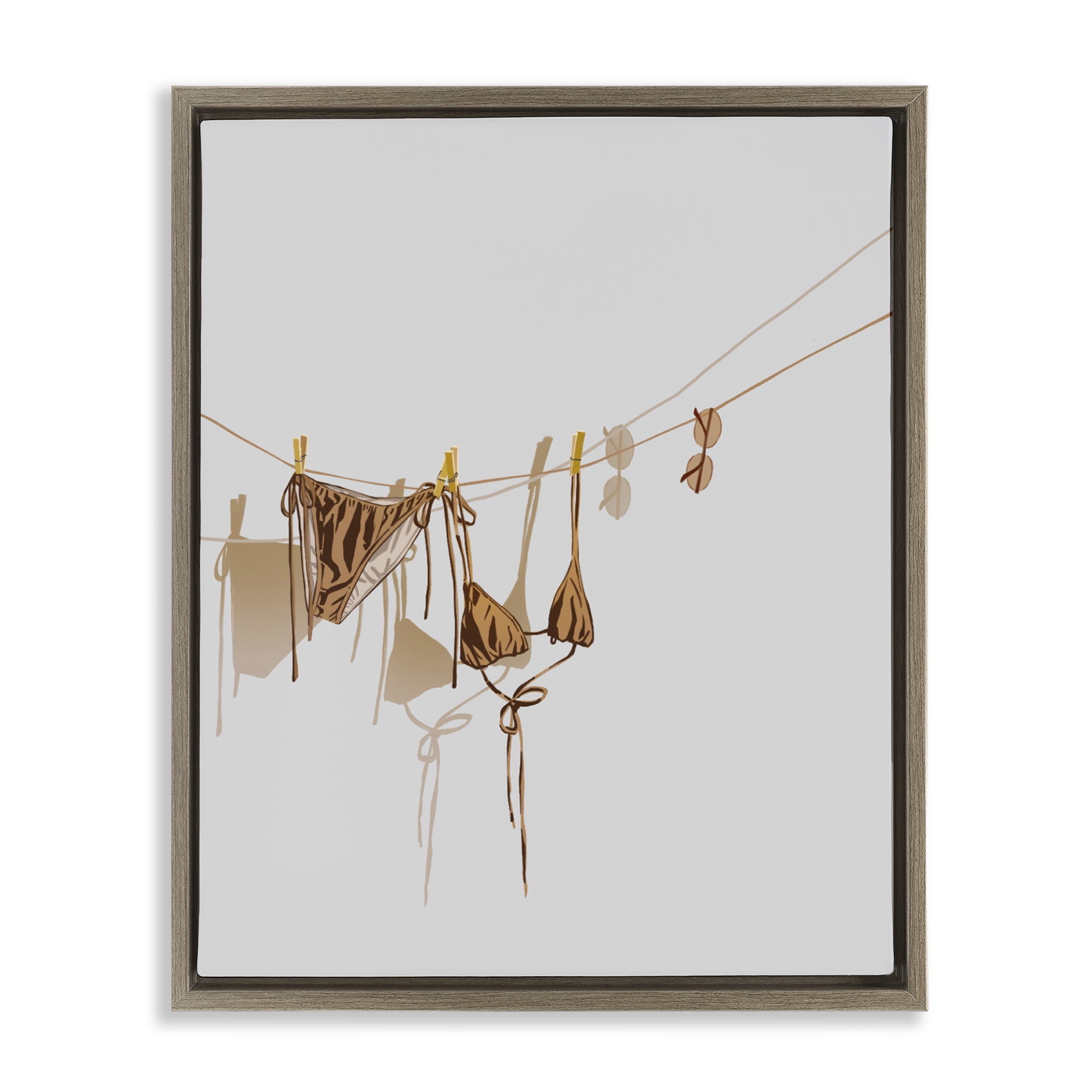 Stupell Industries Sunlit Bikini on Clothesline Brown Framed Floater Canvas Wall Art, design by Ziwei Li