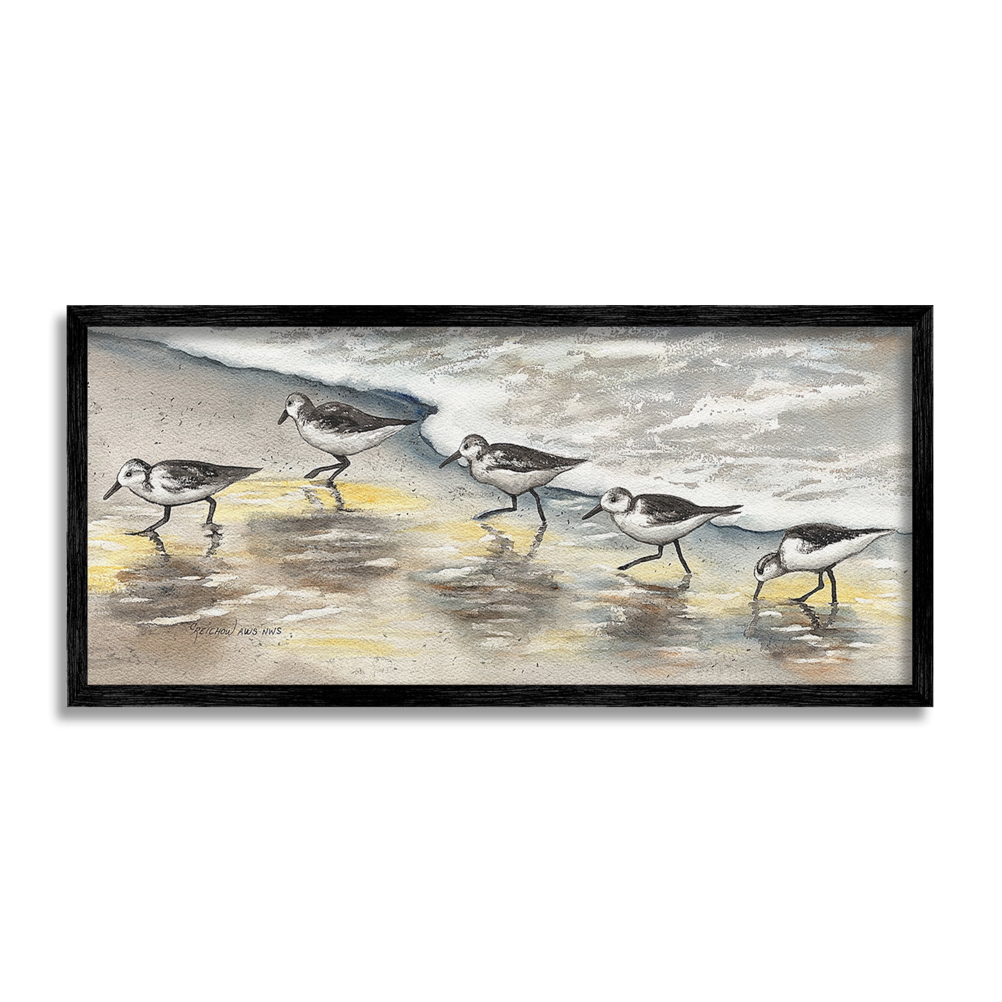 Stupell Industries Sunlit Birds & Beach Foam Animals & Insects Painting Black Framed Art Print Wall Art, 30 x 13