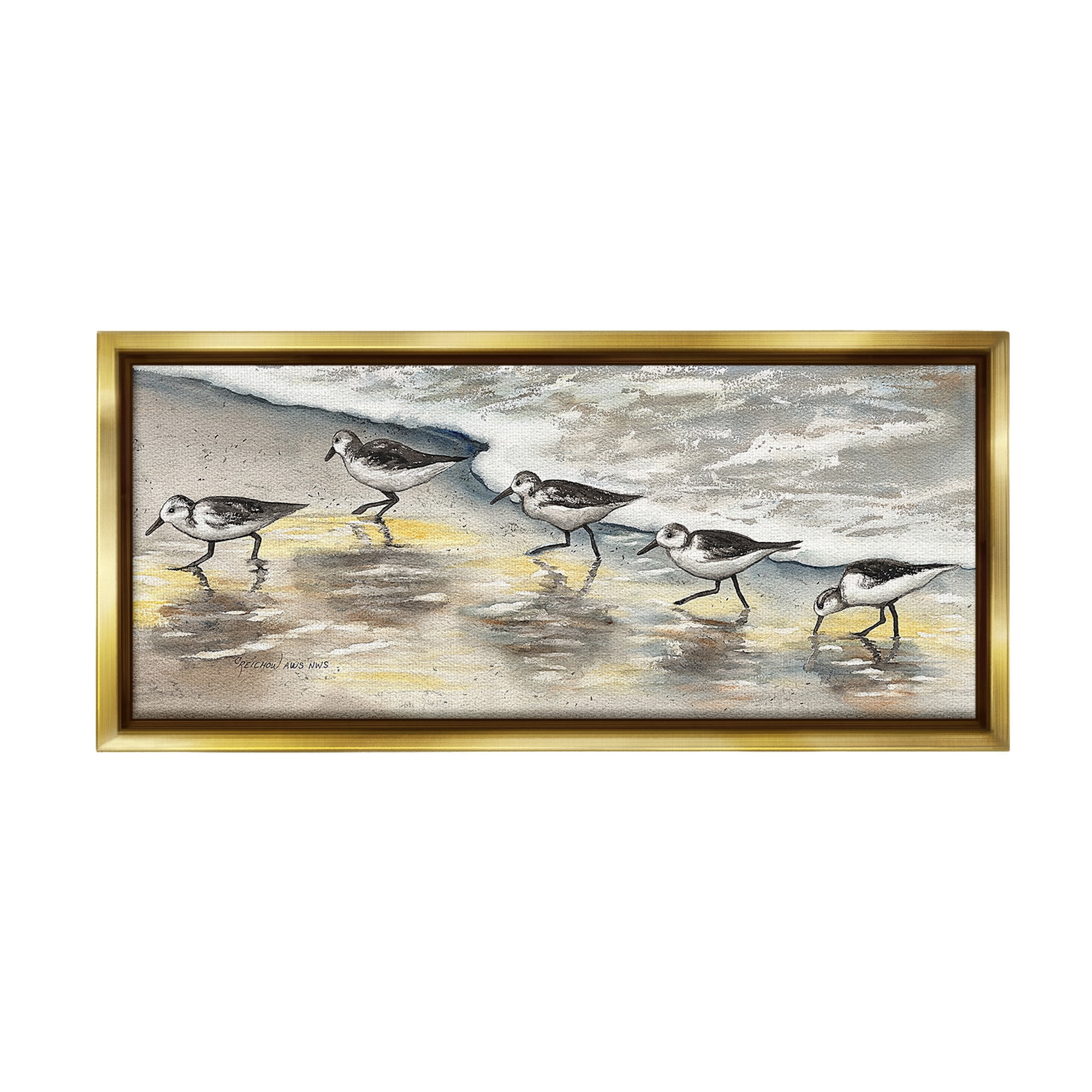Stupell Industries Sunlit Birds & Beach Foam Animals & Insects Painting Gold Floater Framed Canvas Art Print Wall Art, 25 x 11