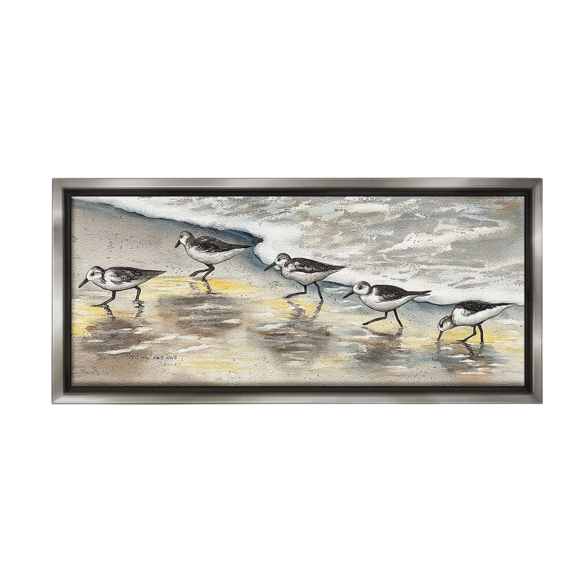 Stupell Industries Sunlit Birds & Beach Foam Animals & Insects Painting Gray Floater Framed Canvas Art Print Wall Art, 25 x 11