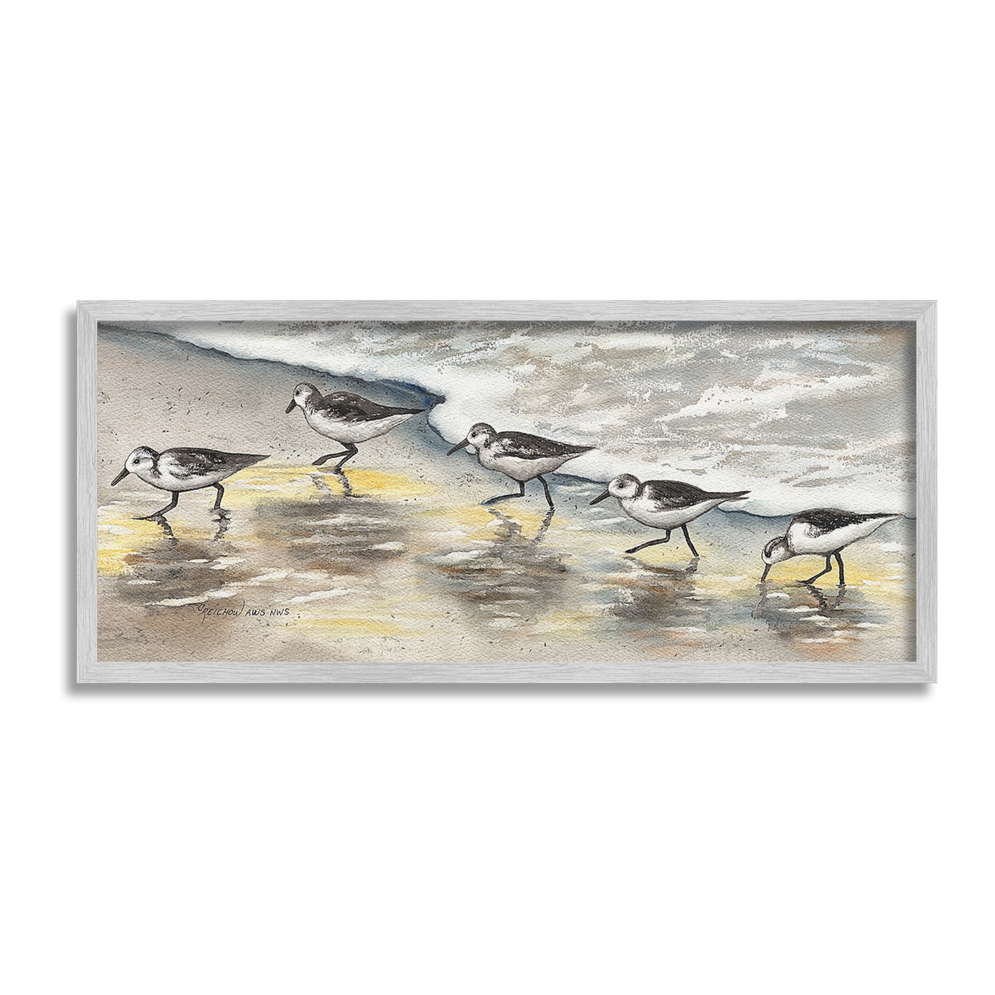 Stupell Industries Sunlit Birds & Beach Foam Animals & Insects Painting Gray Framed Art Print Wall Art, 24 x 10