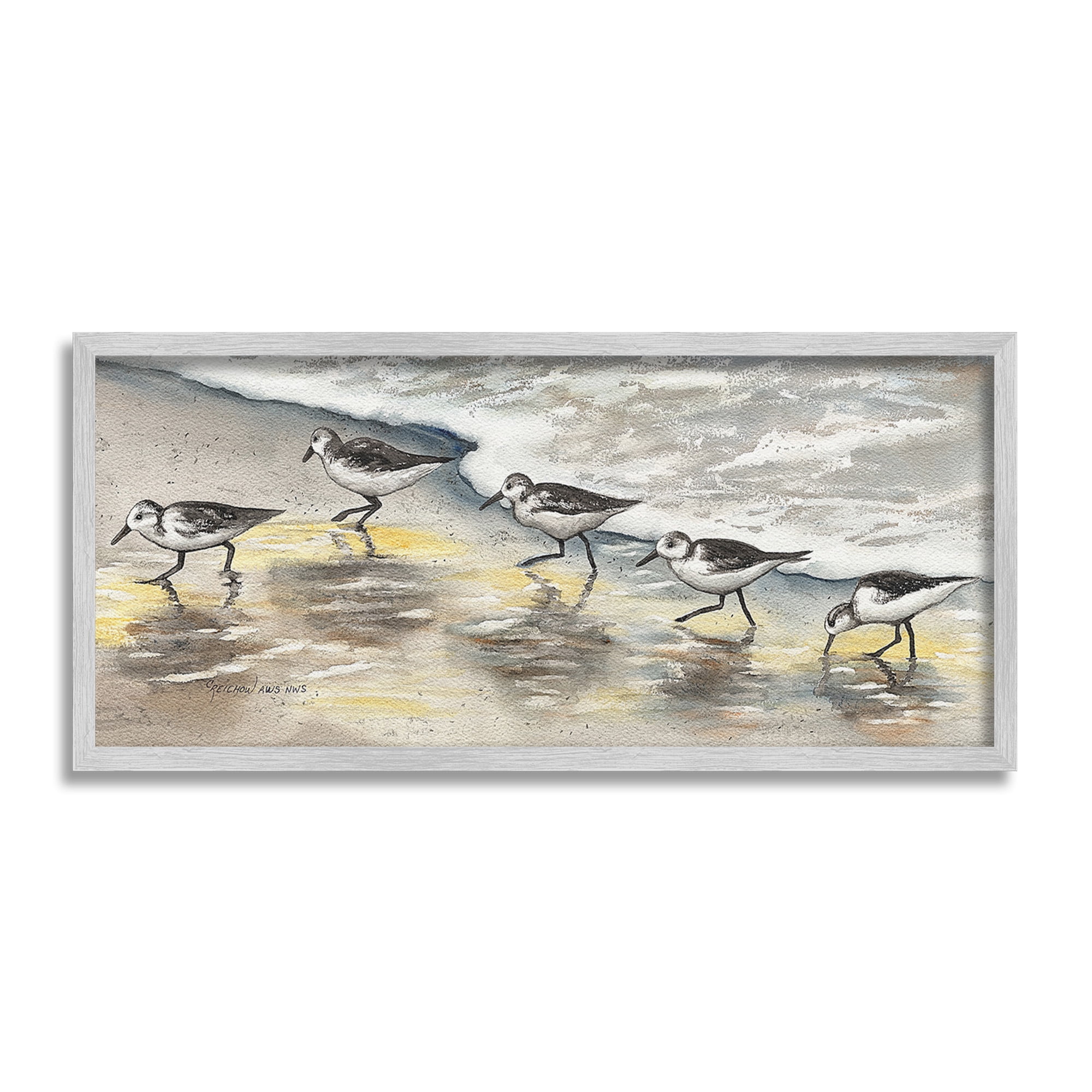 Stupell Industries Sunlit Birds & Beach Foam Animals & Insects Painting Gray Framed Art Print Wall Art, 30 x 13