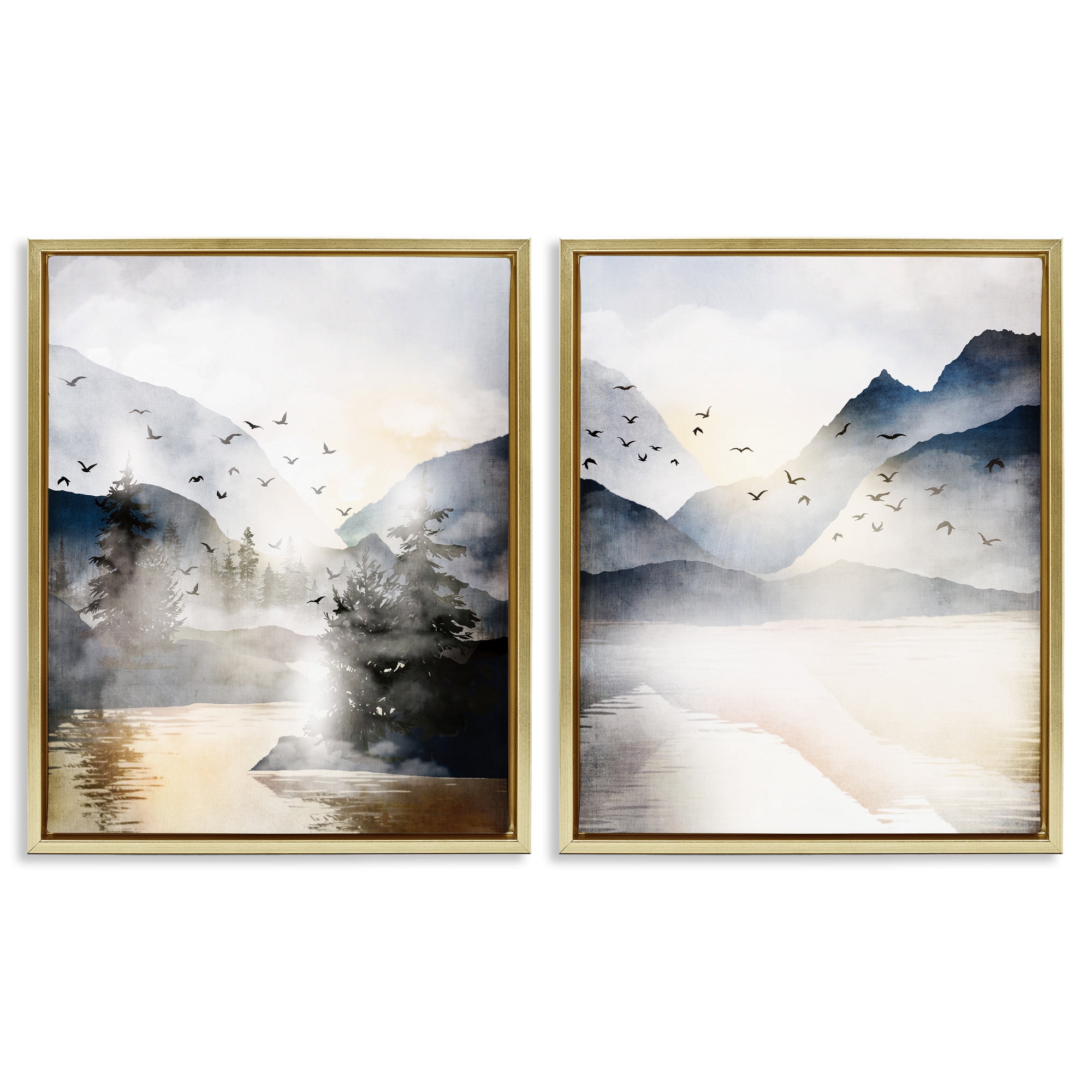 Stupell Industries Sunlit Birds Over Lake Landscape Landscape Painting Gold Floater Framed Canvas Art Print Wall Art, 25 x 31, Set of 2
