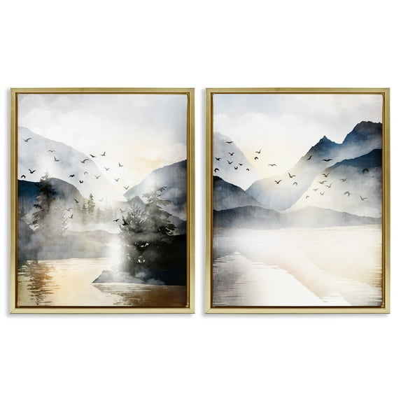 Stupell Industries Sunlit Birds Over Lake Landscape Landscape Painting Gold Floater Framed Canvas Art Print Wall Art, 25 x 31, Set of 2