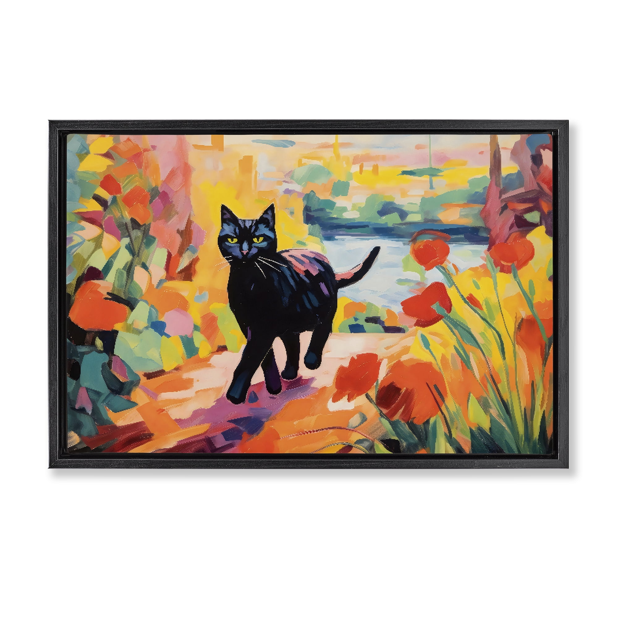 Stupell Industries Sunlit Black Cat in Garden Black Framed Floater Canvas Wall Art, design by Creative Studio