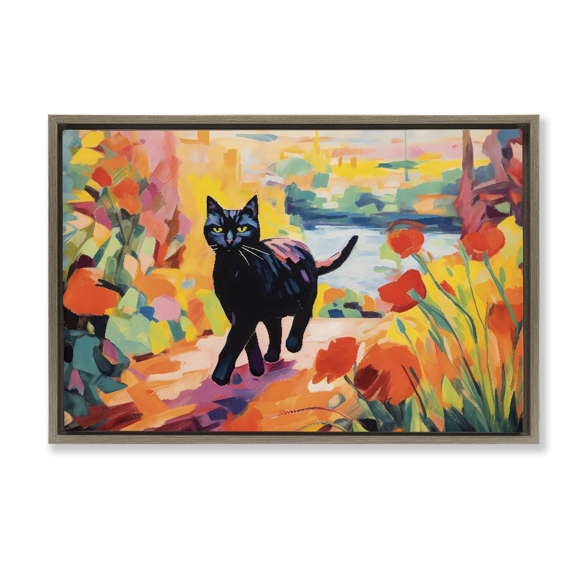 Stupell Industries Sunlit Black Cat in Garden Brown Framed Floater Canvas Wall Art, design by Creative Studio
