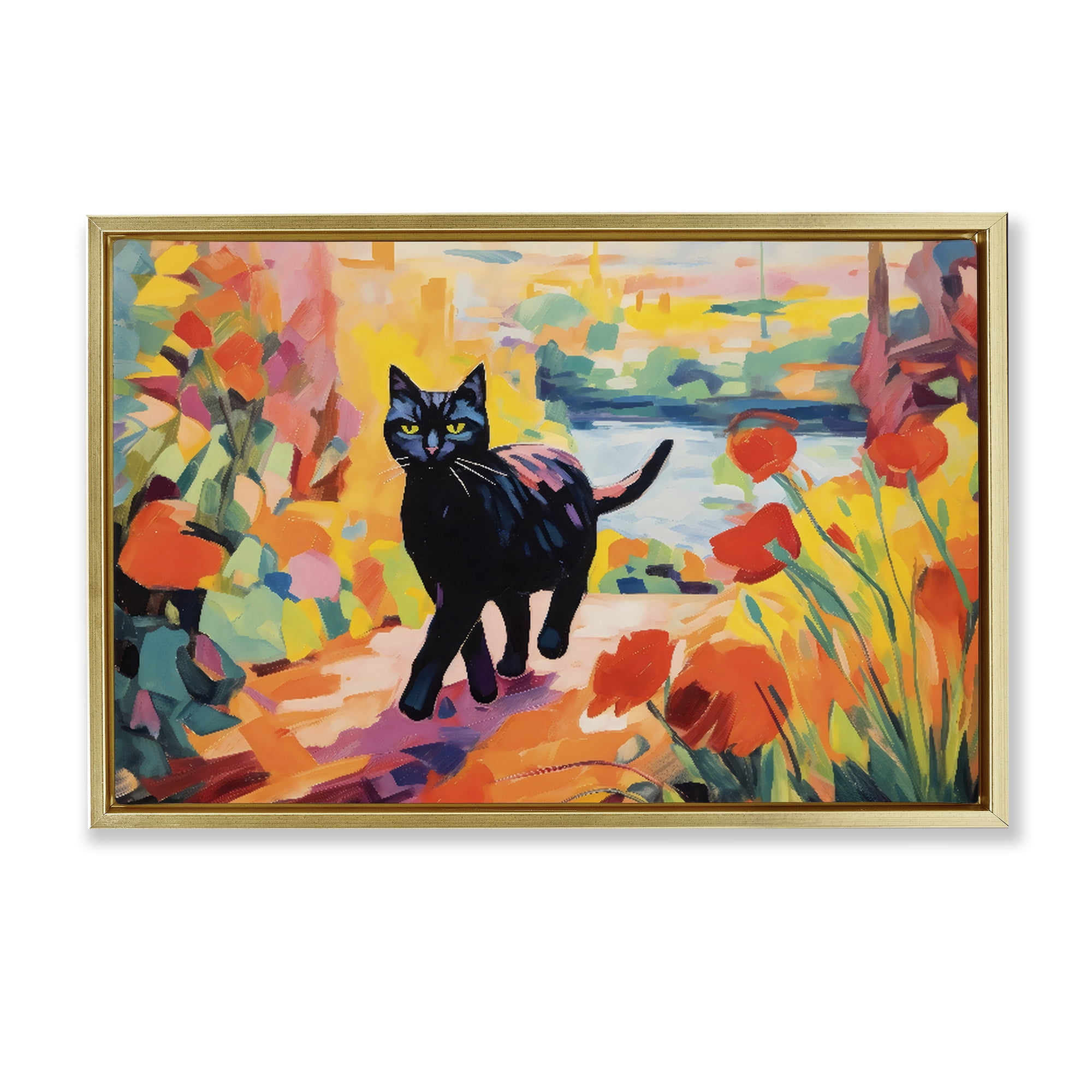 Stupell Industries Sunlit Black Cat in Garden Gold Framed Floater Canvas Wall Art, design by Creative Studio