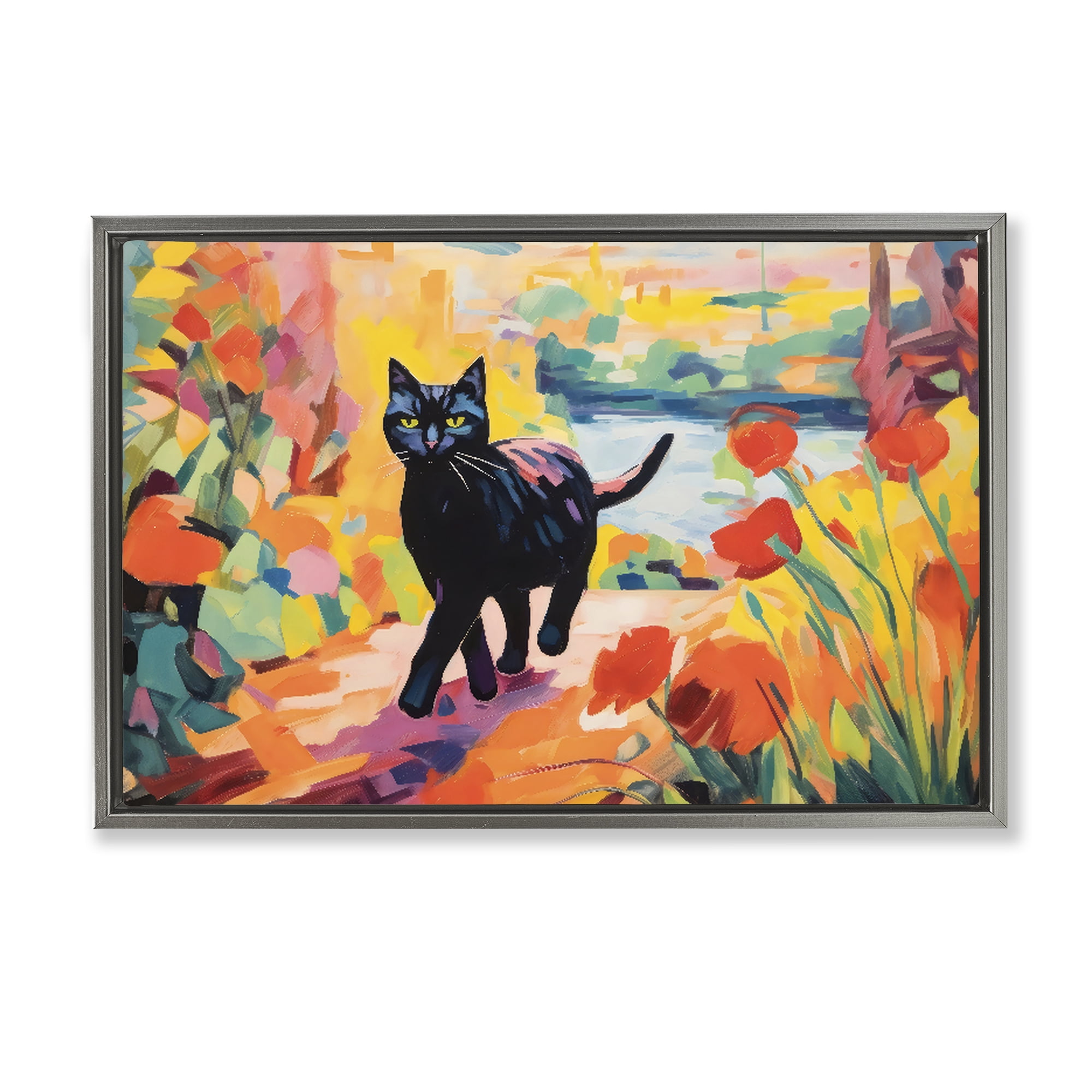 Stupell Industries Sunlit Black Cat in Garden Gray Framed Floater Canvas Wall Art, design by Creative Studio