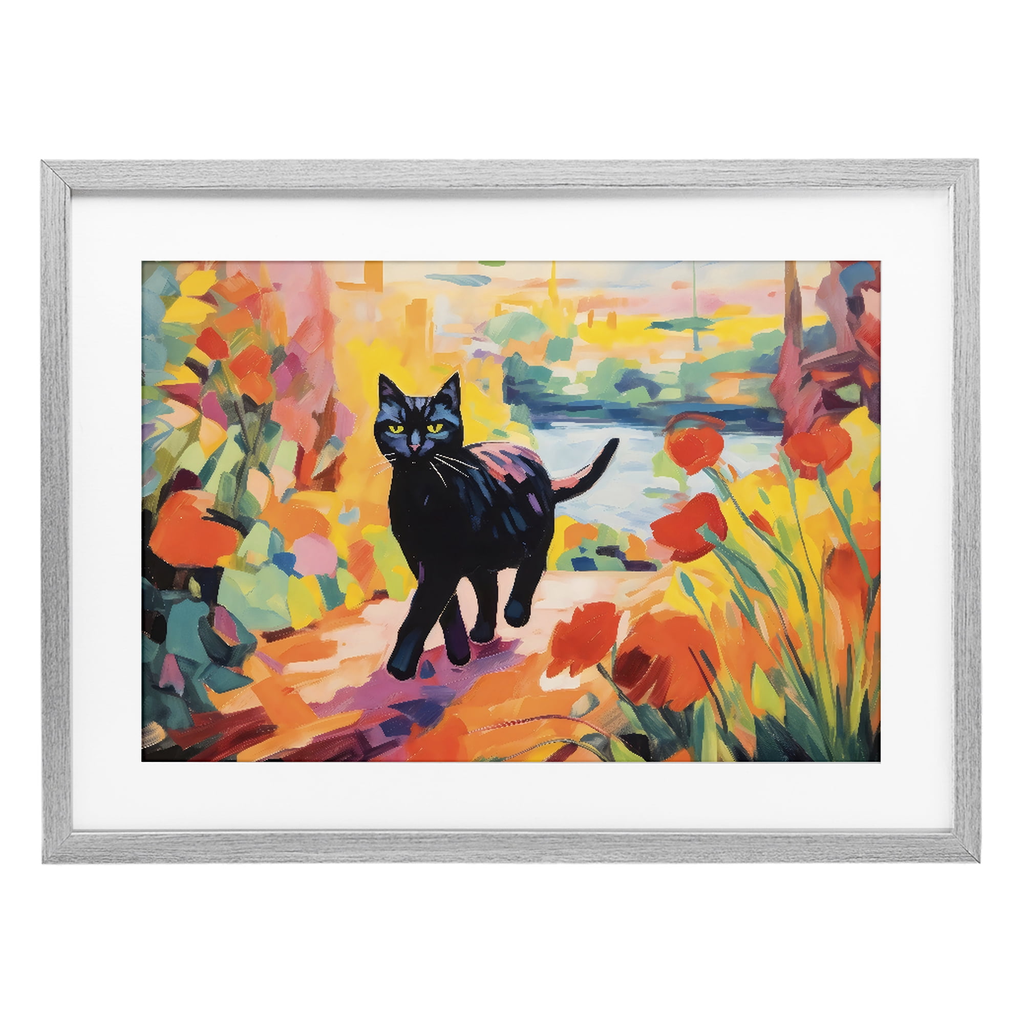Stupell Industries Sunlit Black Cat in Garden Gray Framed Print Under Glass, design by Creative Studio