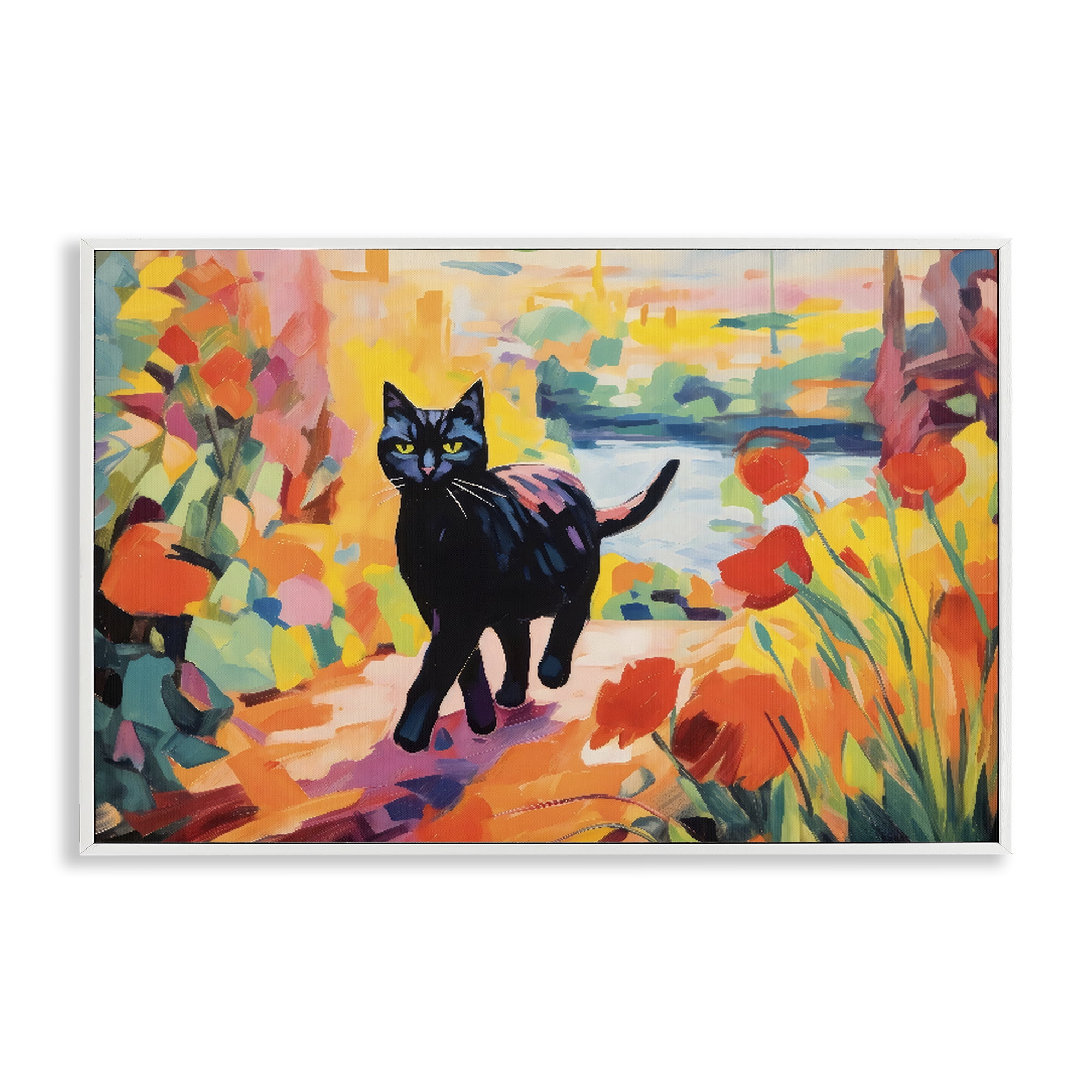 Stupell Industries Sunlit Black Cat in Garden White Framed Giclee Art, design by Creative Studio