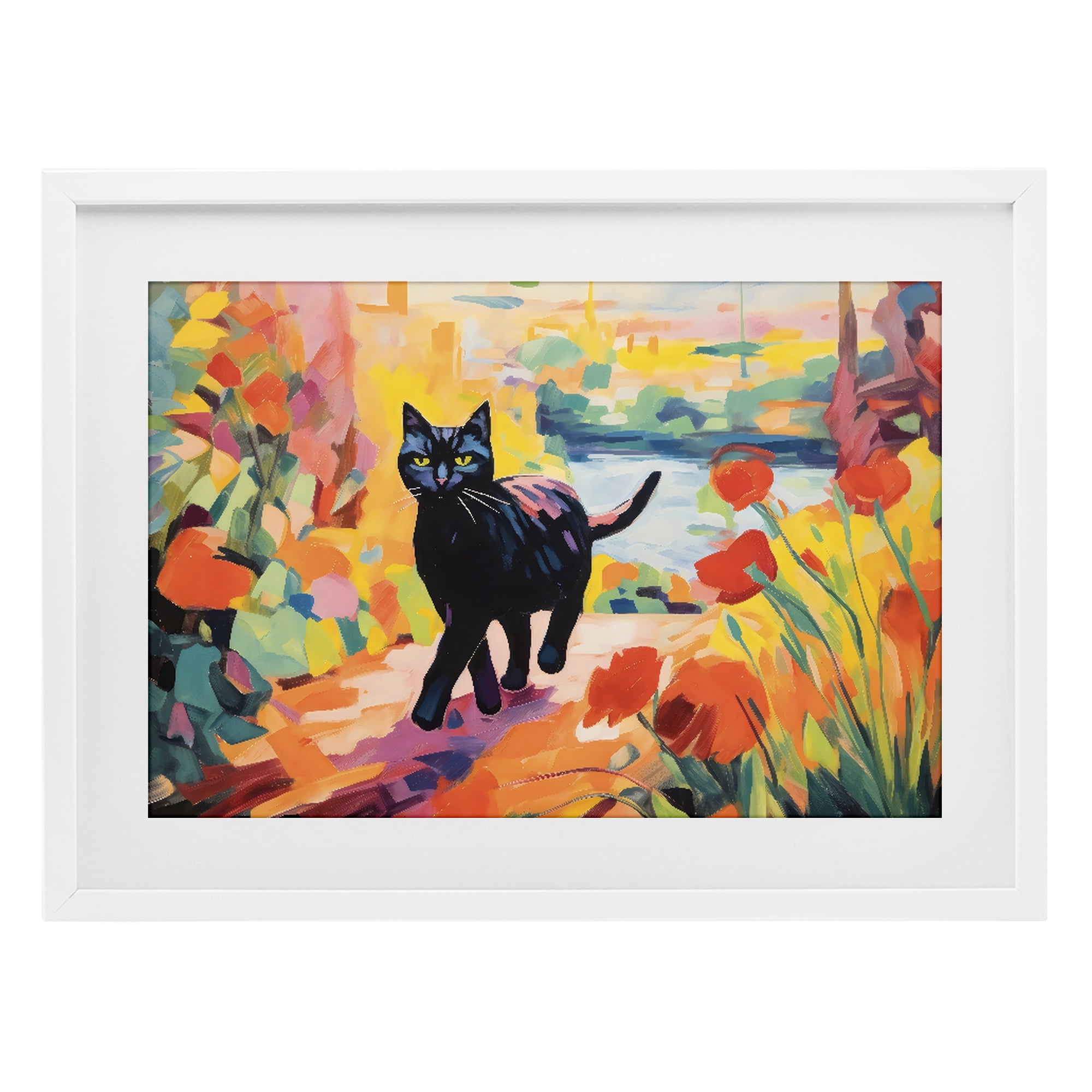 Stupell Industries Sunlit Black Cat in Garden White Framed Print Under Glass, design by Creative Studio