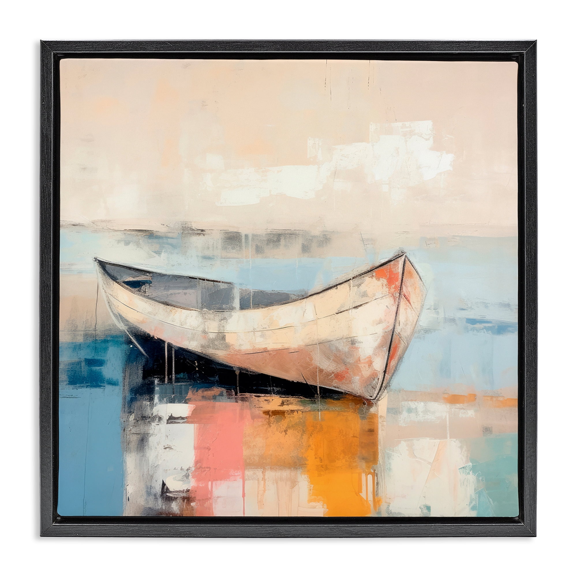 Stupell Industries Sunlit Boat Reflection Transportation Painting Black Floater Framed Canvas Art Print Wall Art, 25 x 25