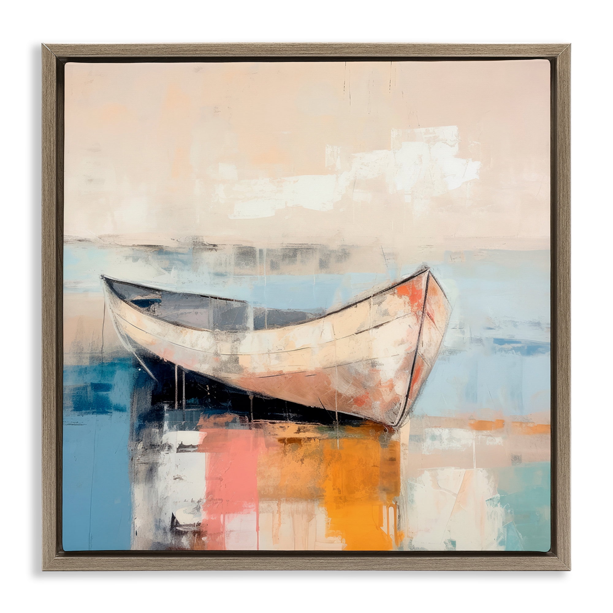 Stupell Industries Sunlit Boat Reflection Transportation Painting Brown Floater Framed Canvas Art Print Wall Art, 25 x 25