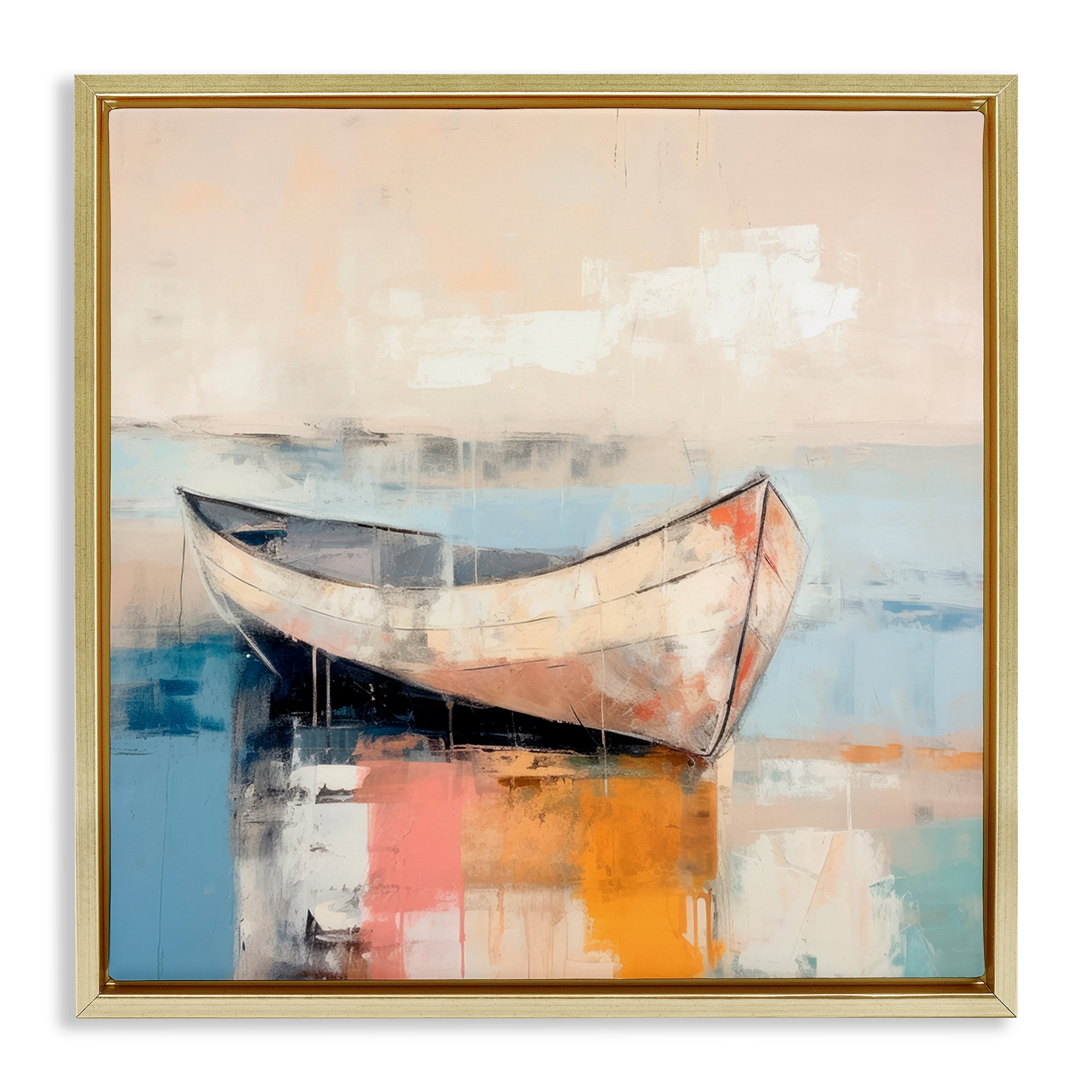 Stupell Industries Sunlit Boat Reflection Transportation Painting Gold Floater Framed Canvas Art Print Wall Art, 18 x 18