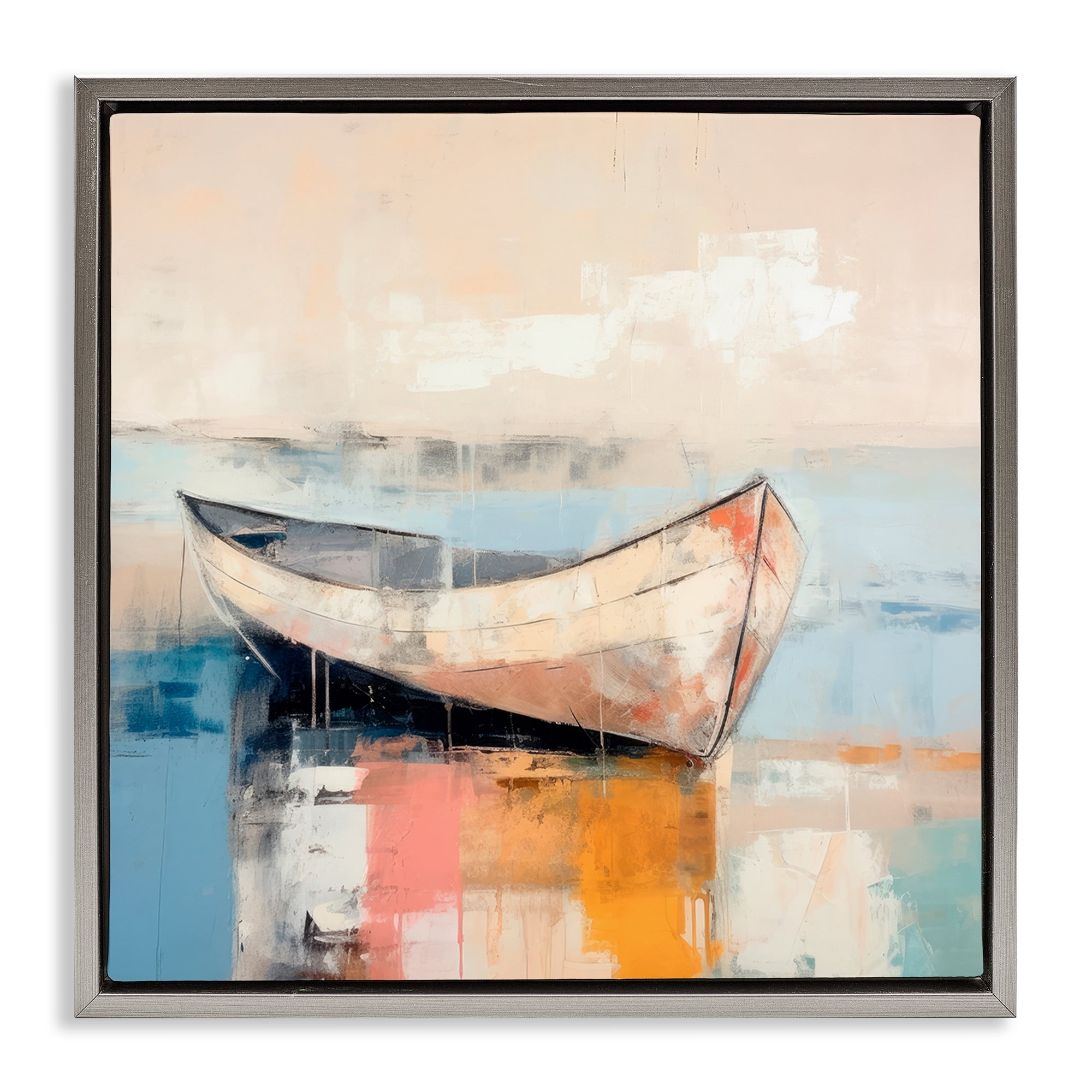 Stupell Industries Sunlit Boat Reflection Transportation Painting Gray Floater Framed Canvas Art Print Wall Art, 18 x 18