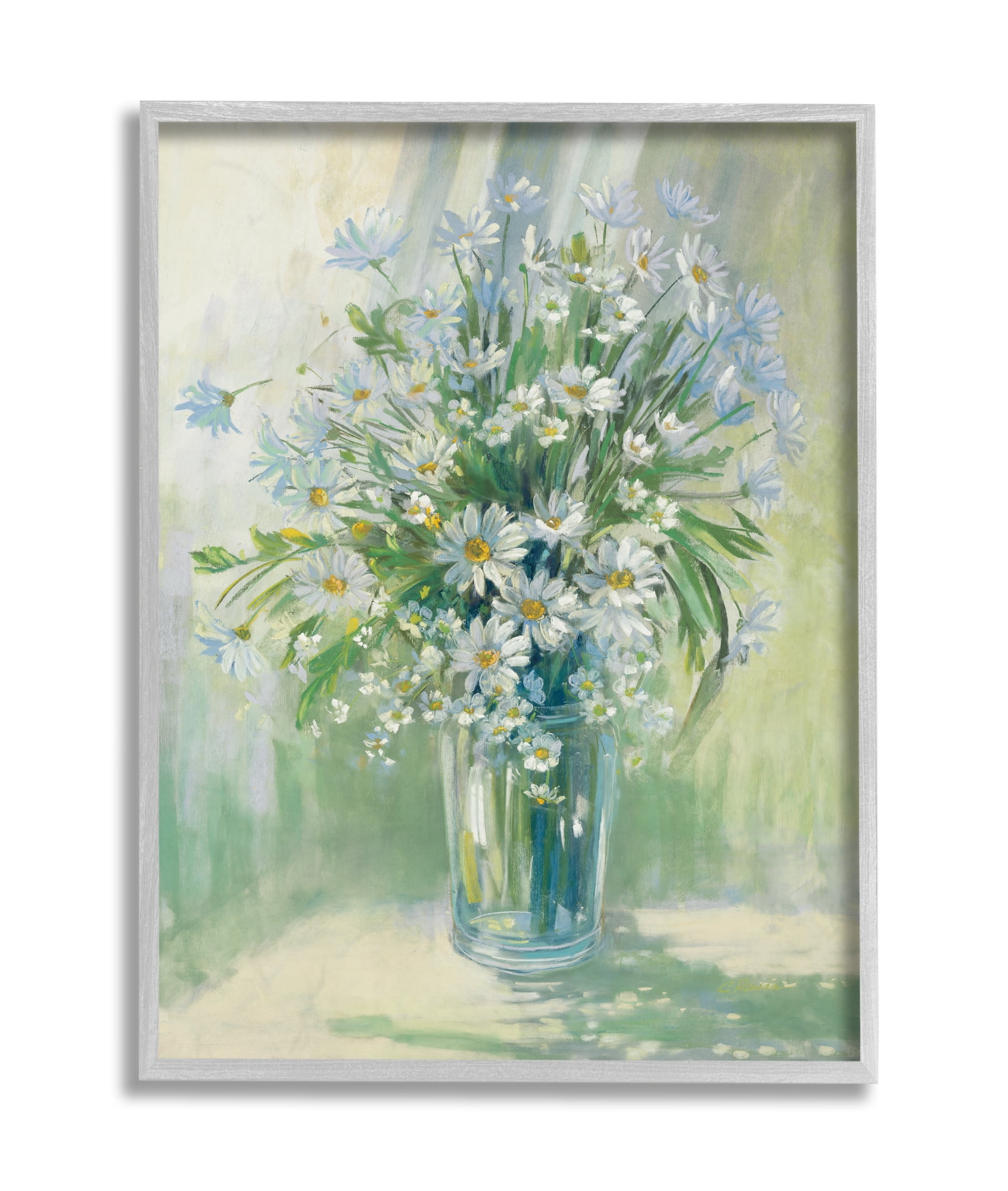 Stupell Industries Sunlit Bouquet of Daisies Blue Green Pastels Grey Framed, 11 x 14, Design by Carol Rowan