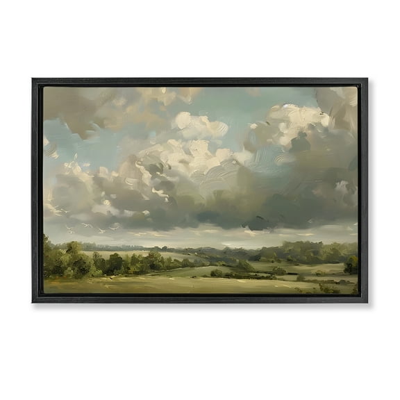 Stupell Industries Sunlit Clouds over Countryside Landscape & Nature Painting Black Floater Framed Canvas Art Print Wall Art, 31 x 21