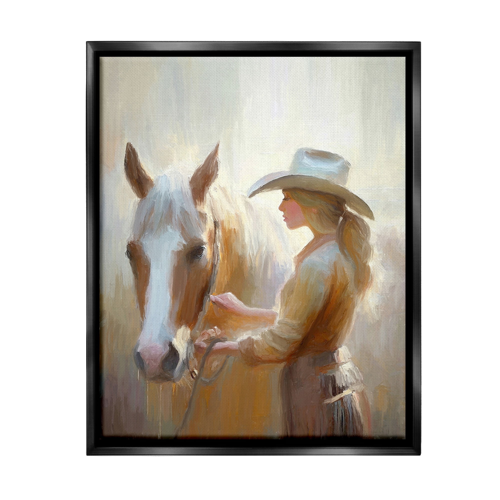 Stupell Industries Sunlit Cowgirl & Horse Animals & Insects Painting Black Floater Framed Canvas Art Print Wall Art, 17 x 21
