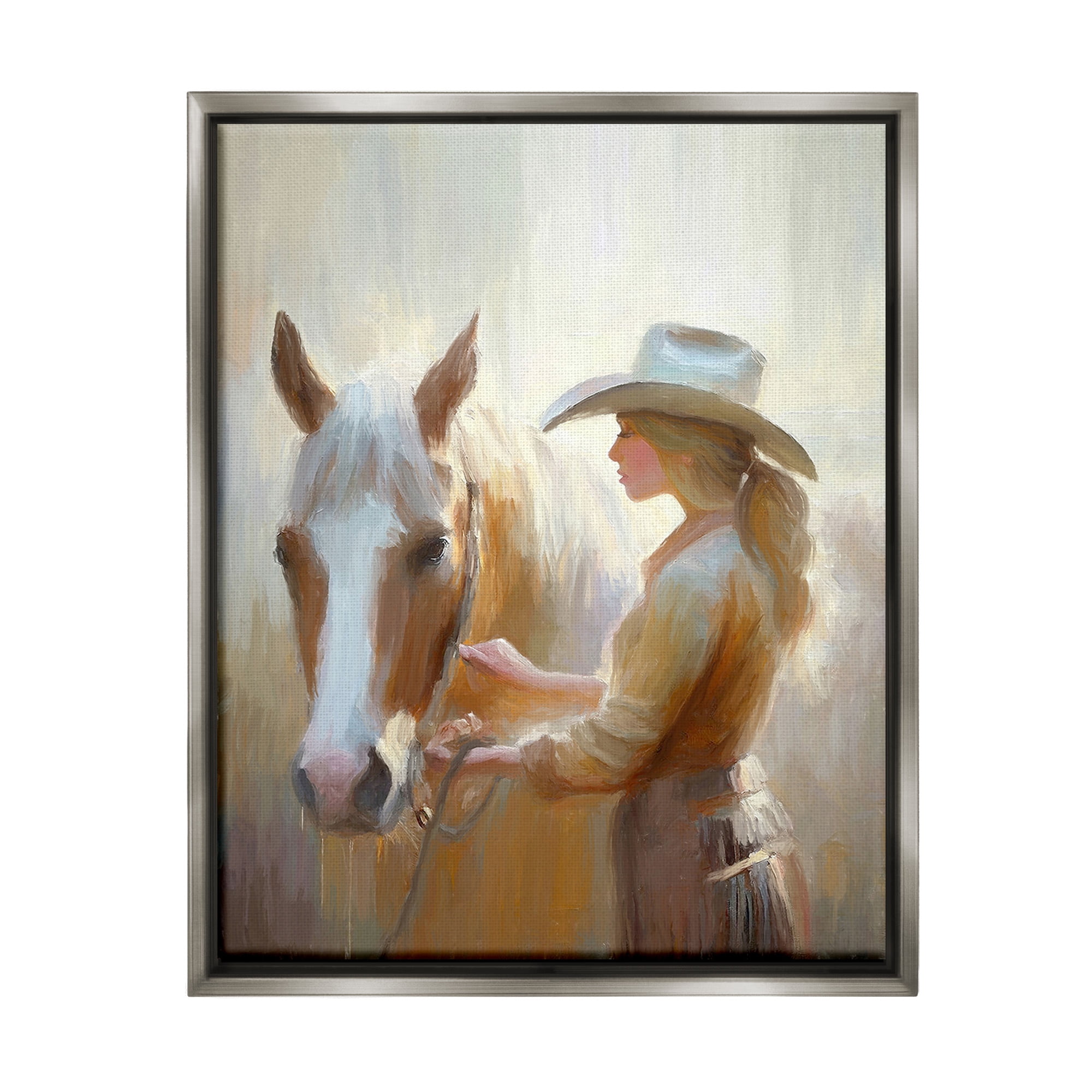 Stupell Industries Sunlit Cowgirl & Horse Animals & Insects Painting Gray Floater Framed Canvas Art Print Wall Art, 25 x 31