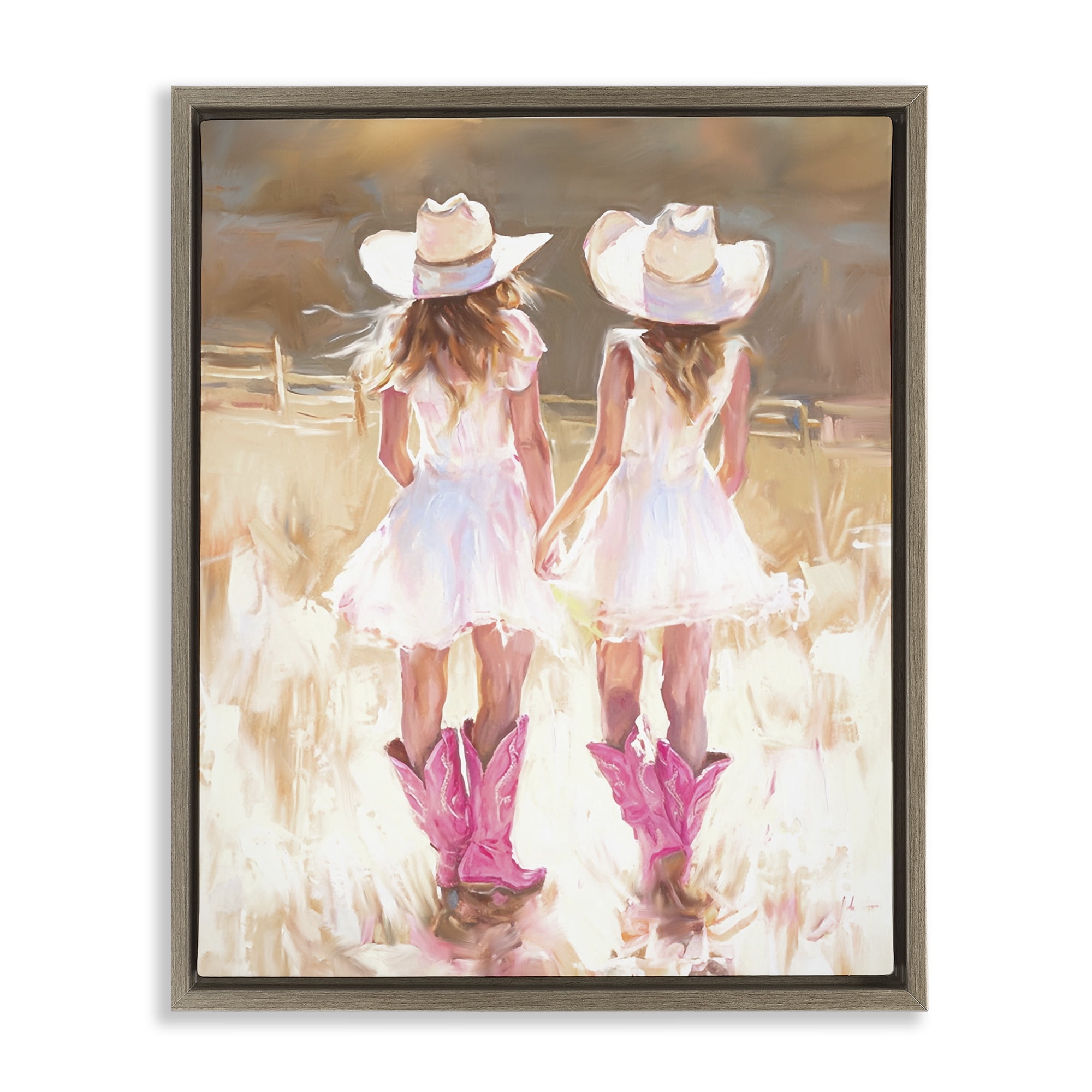 Stupell Industries Sunlit Cowgirl Sisters Novelty Painting Brown Floater Framed Canvas Art Print Wall Art, 17 x 21