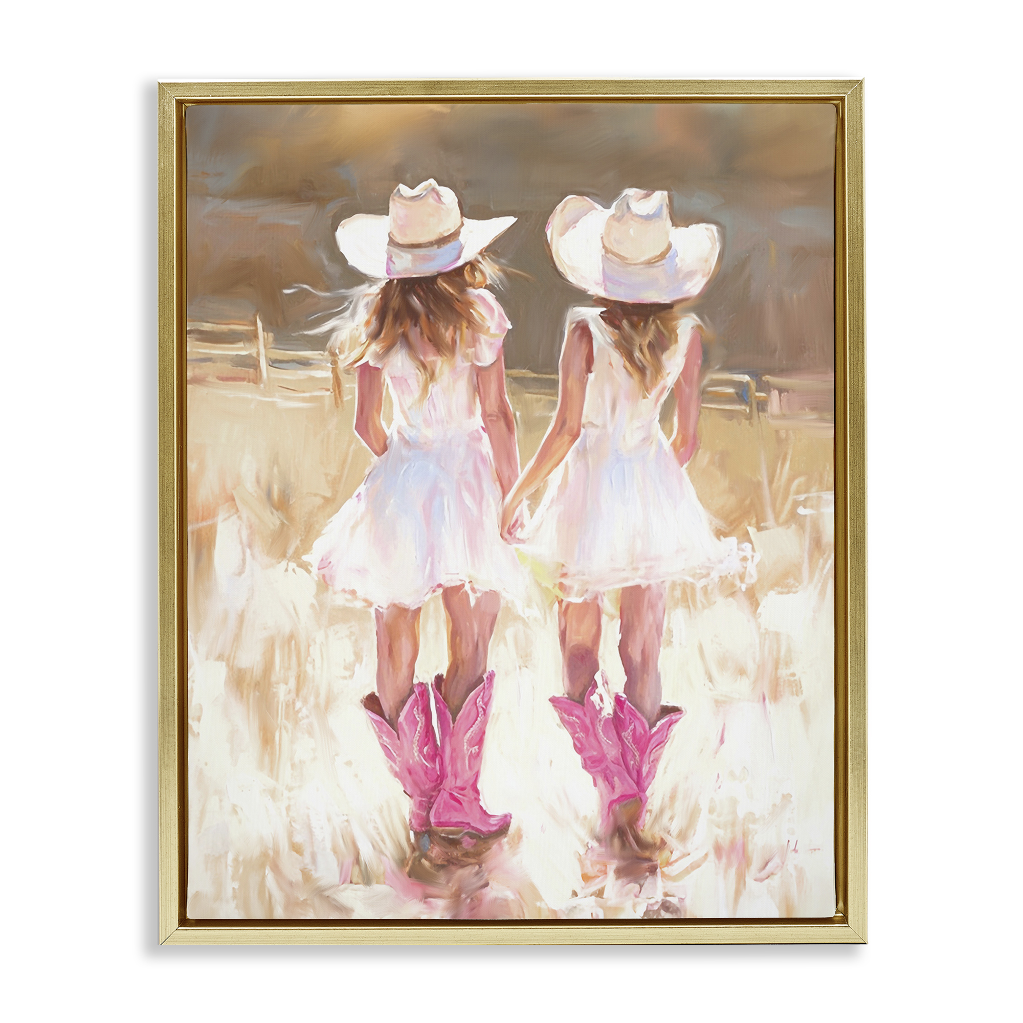 Stupell Industries Sunlit Cowgirl Sisters Novelty Painting Gold Floater Framed Canvas Art Print Wall Art, 17 x 21