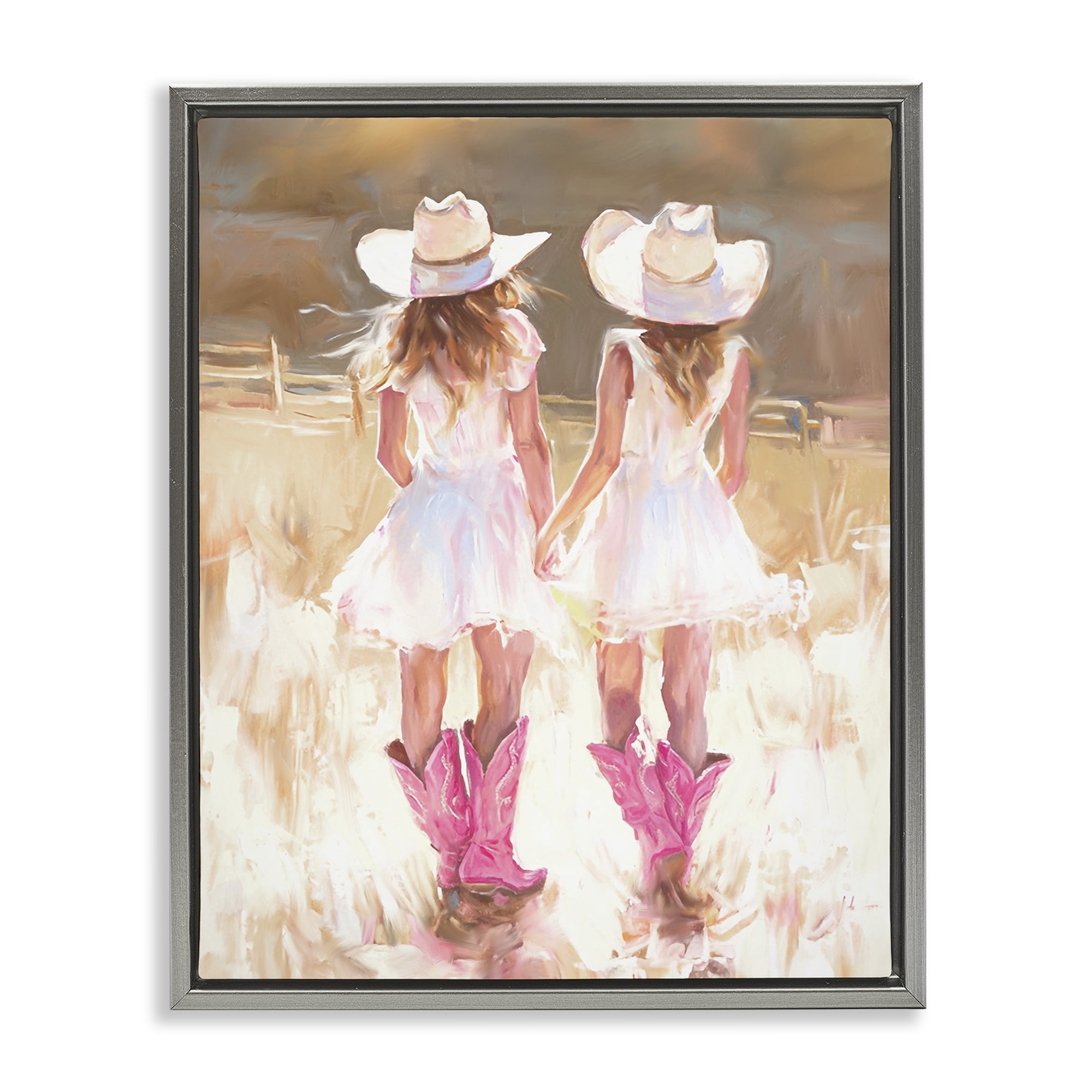 Stupell Industries Sunlit Cowgirl Sisters Novelty Painting Gray Floater Framed Canvas Art Print Wall Art, 17 x 21