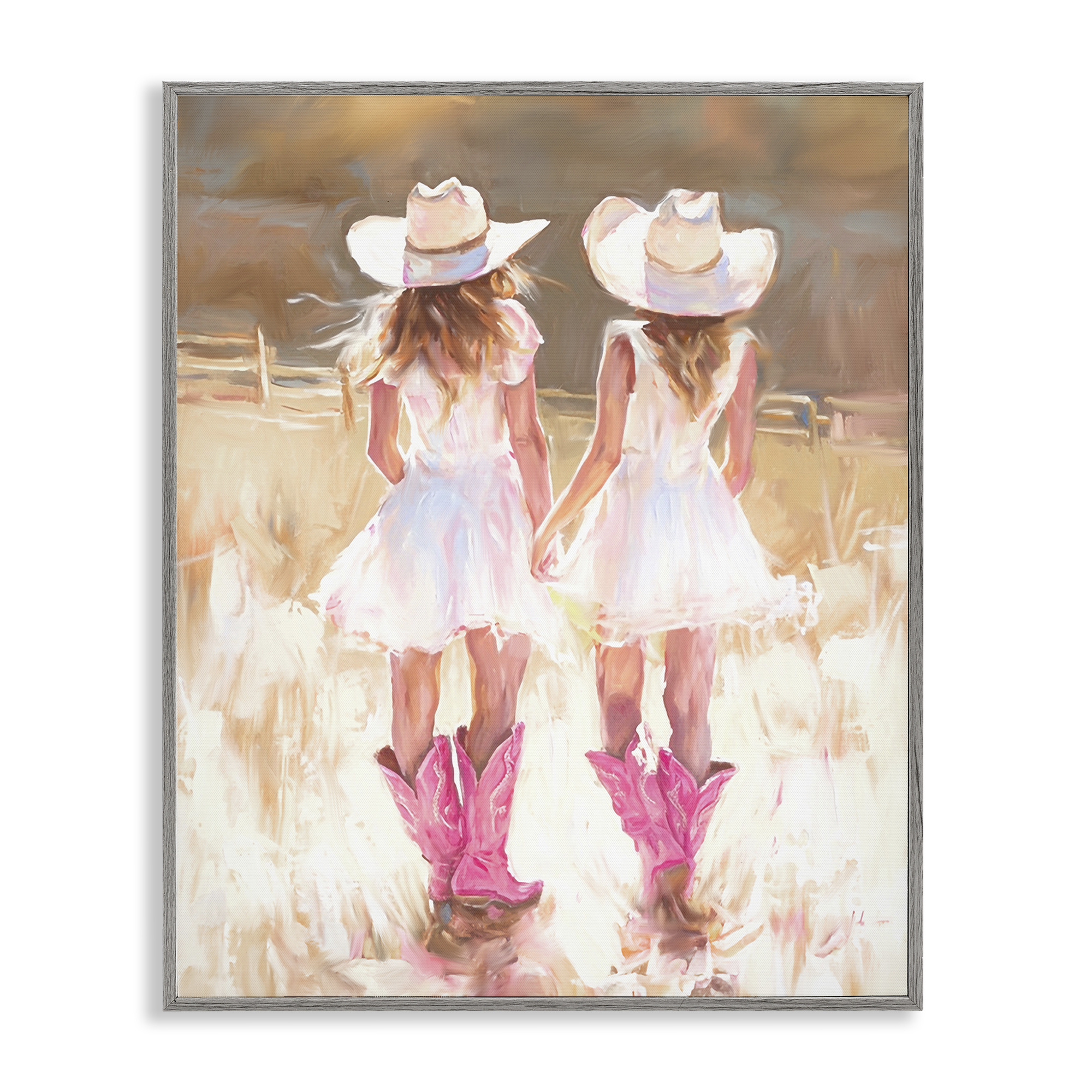 Stupell Industries Sunlit Cowgirl Sisters Novelty Painting Gray Framed Art Print Wall Art, 16 x 20