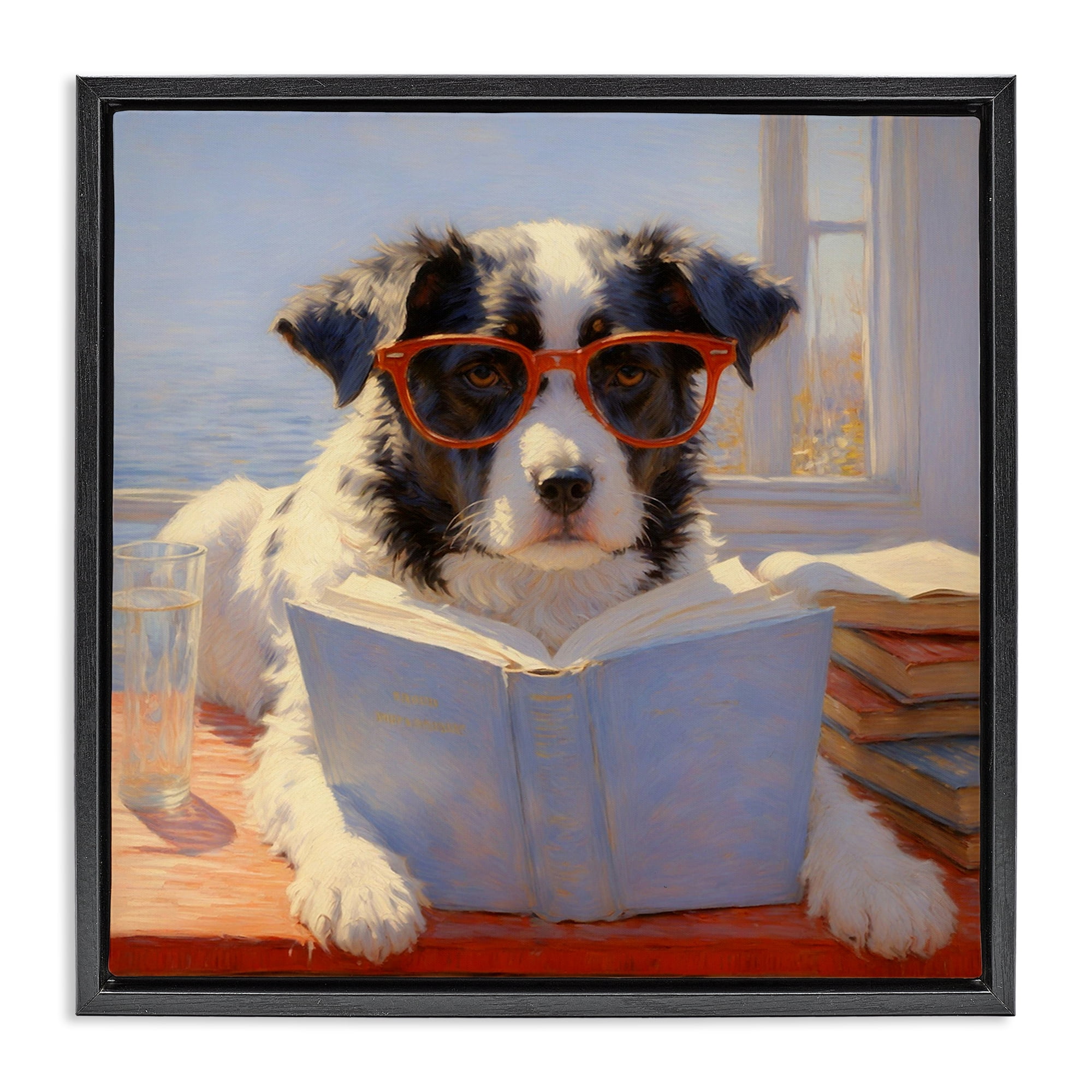Stupell Industries Sunlit Dog Reading By Window Black Framed Floater Canvas Wall Art, design by Angie Hawke