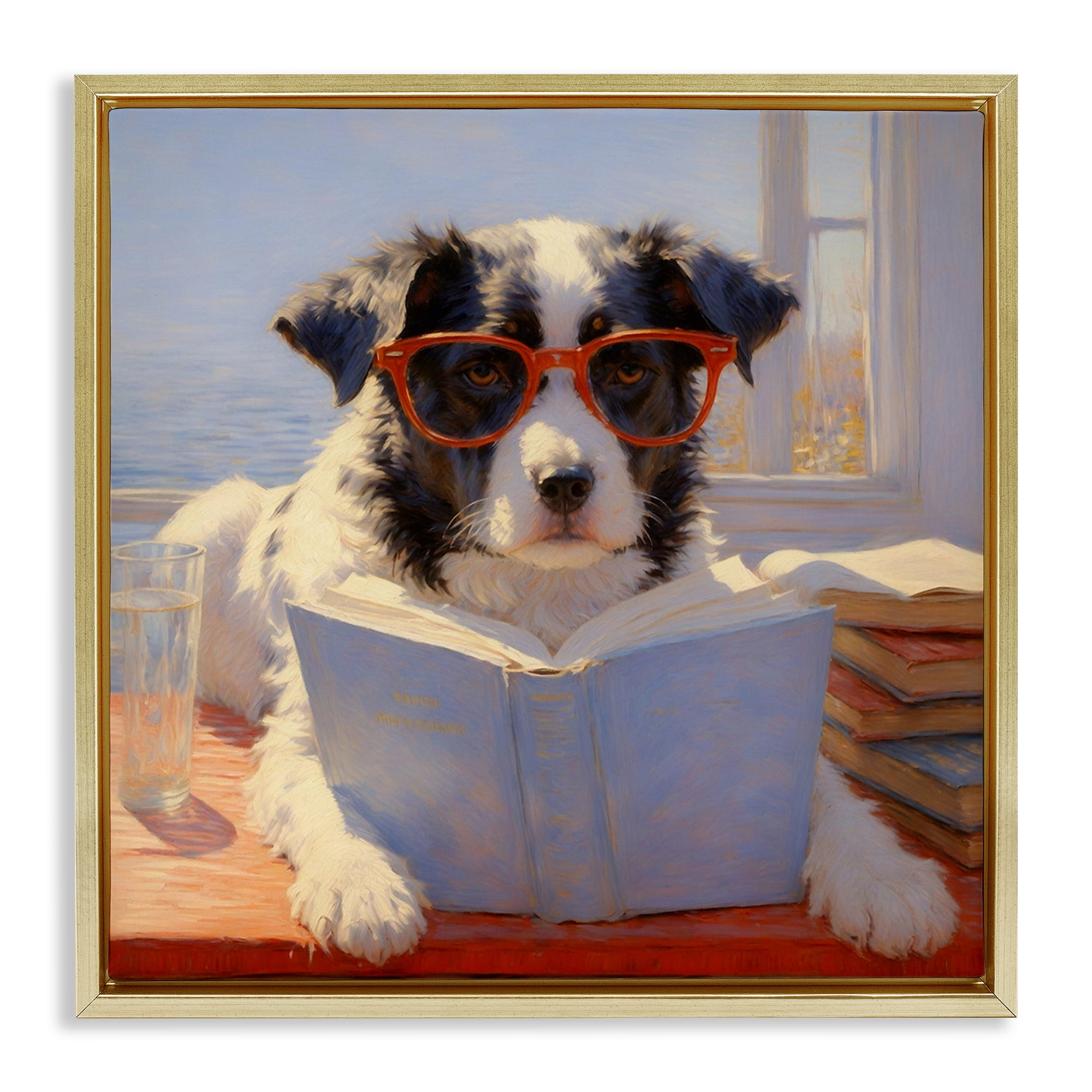 Stupell Industries Sunlit Dog Reading By Window Gold Framed Floater Canvas Wall Art, design by Angie Hawke