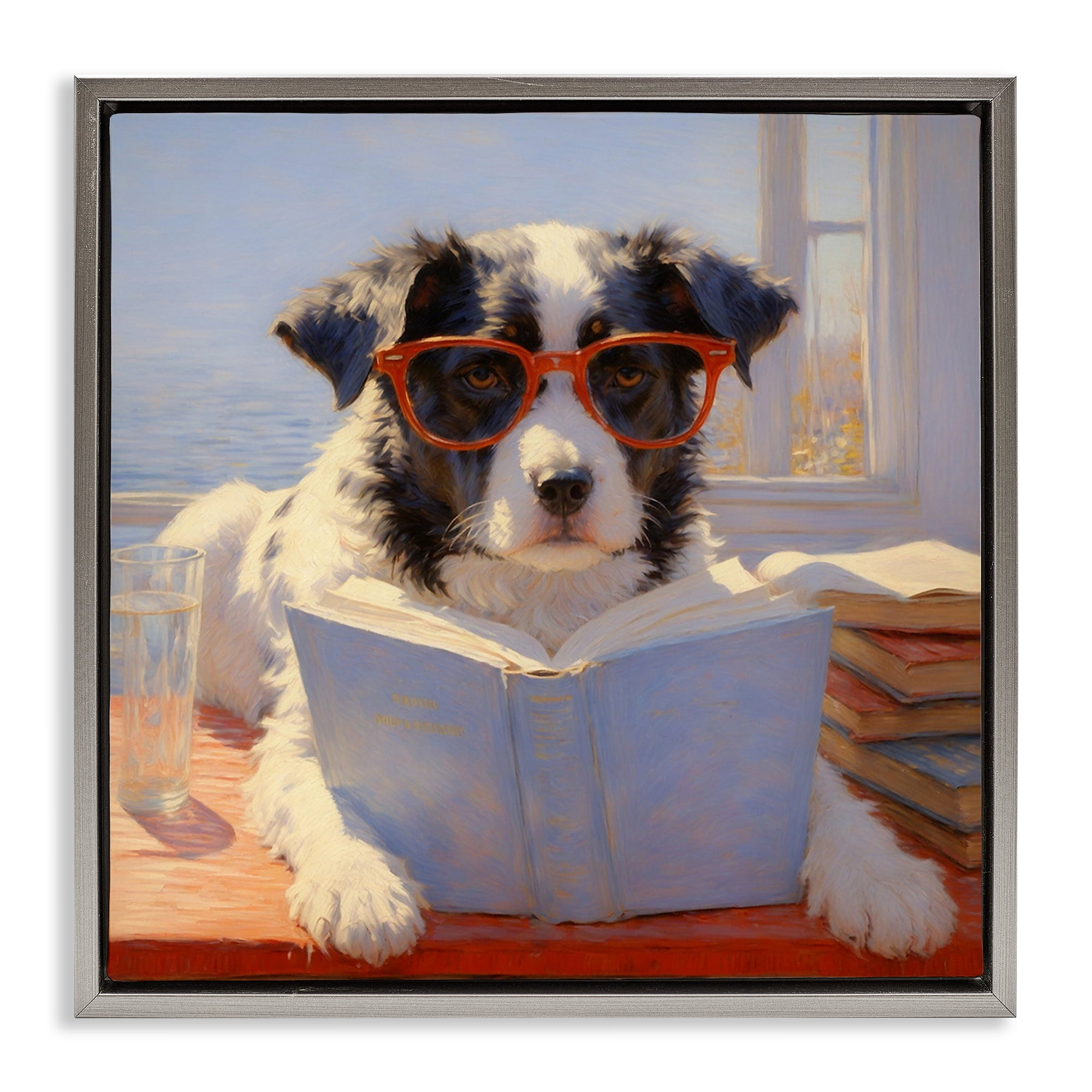 Stupell Industries Sunlit Dog Reading By Window Gray Framed Floater Canvas Wall Art, design by Angie Hawke