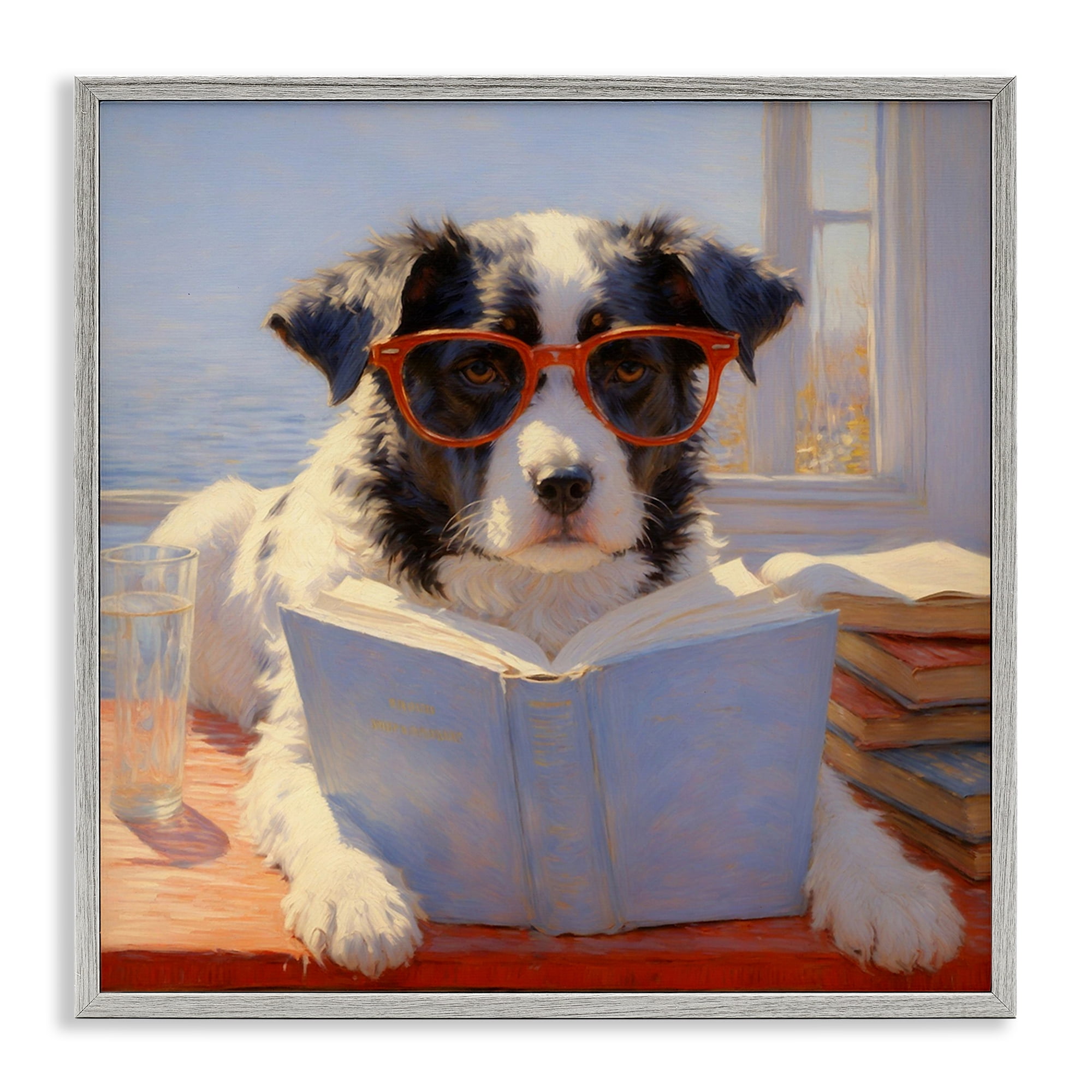 Stupell Industries Sunlit Dog Reading By Window Gray Framed Giclee Art, design by Angie Hawke