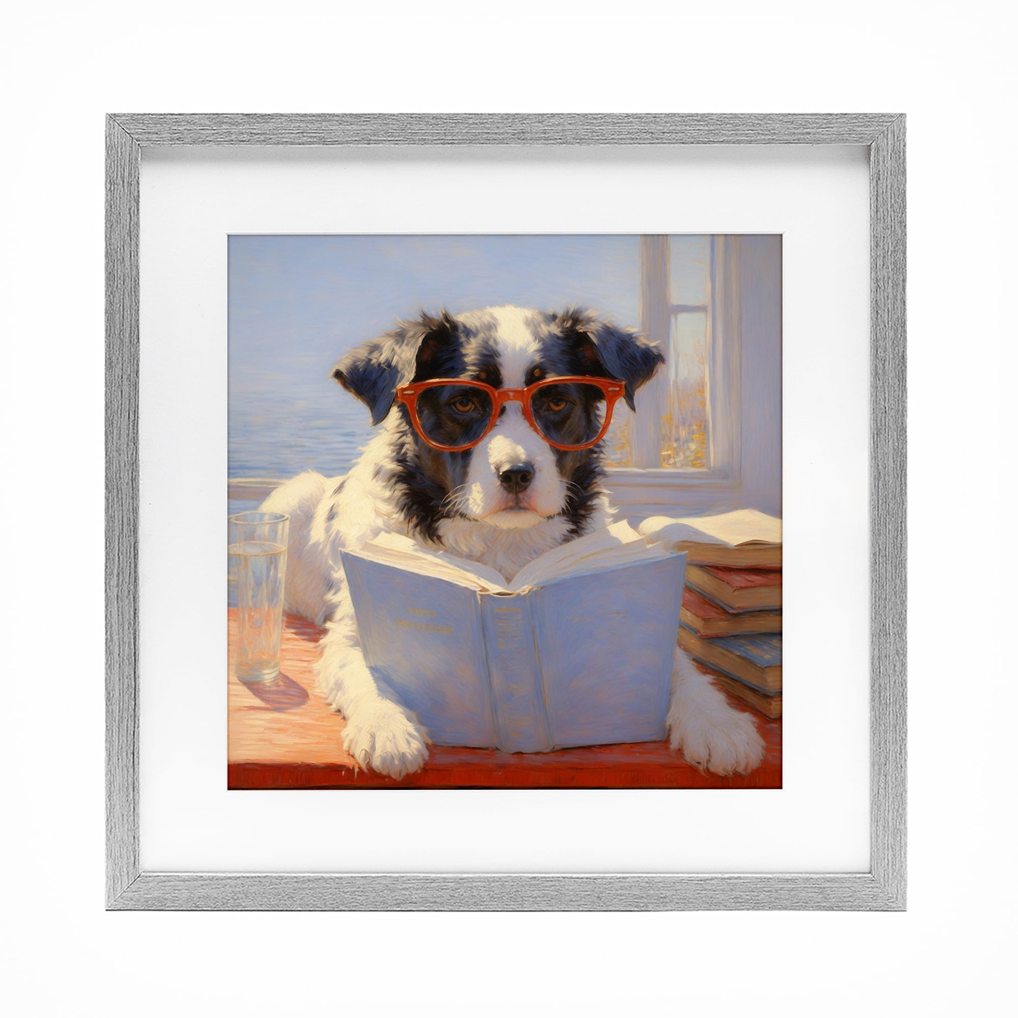 Stupell Industries Sunlit Dog Reading By Window Gray Framed Print Under Glass, design by Angie Hawke