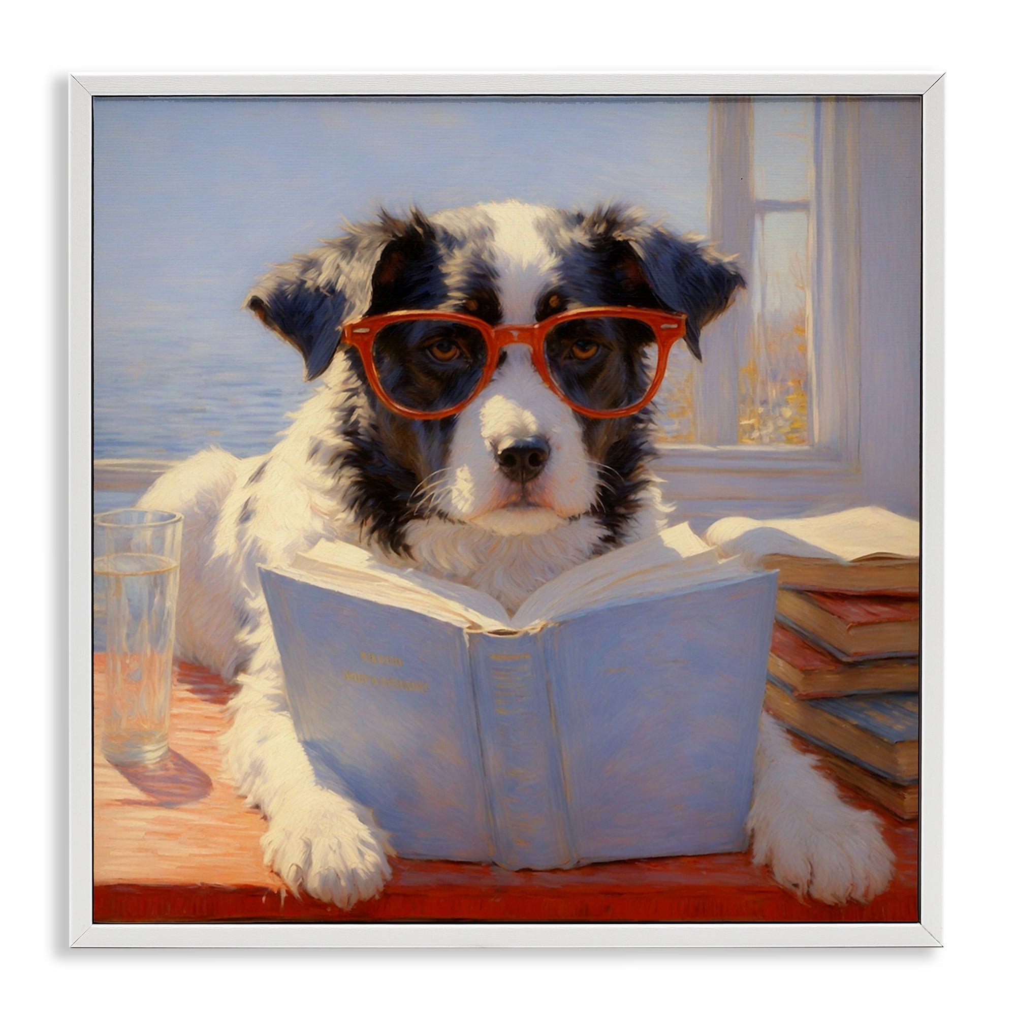 Stupell Industries Sunlit Dog Reading By Window White Framed Giclee Art, design by Angie Hawke