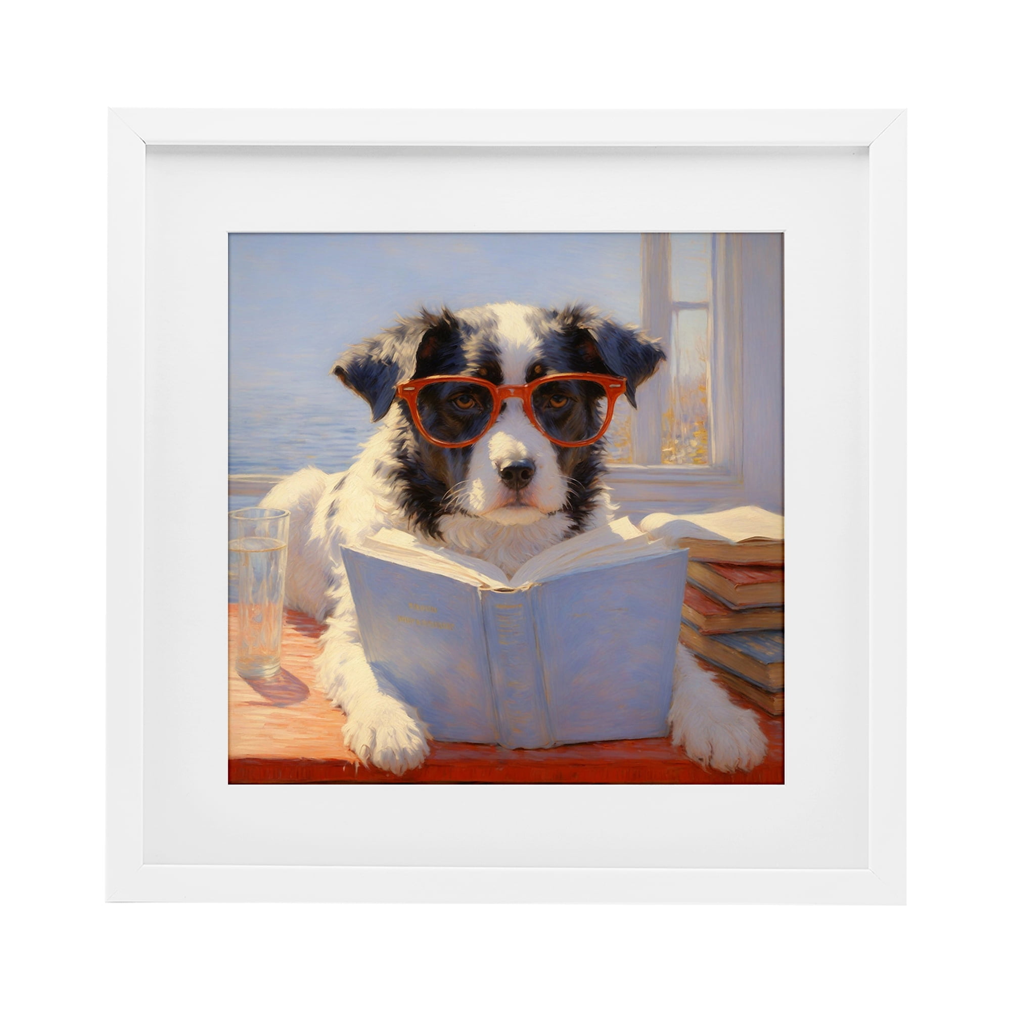 Stupell Industries Sunlit Dog Reading By Window White Framed Print Under Glass, design by Angie Hawke