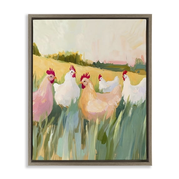 Stupell Industries Farmhouse Sunlit Flock of Chickens Brown Floating Frame Canvas Art, 17 x 21, by The Prints Vibe