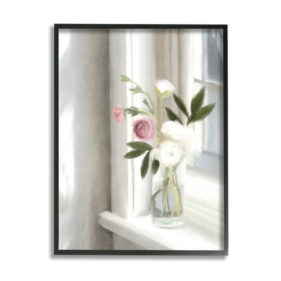 Stupell Industries Sunlit Flower Bouquet Blooming White Petals Windowsill Painting Black Framed Art Print Wall Art, Design by Leah Straatsma