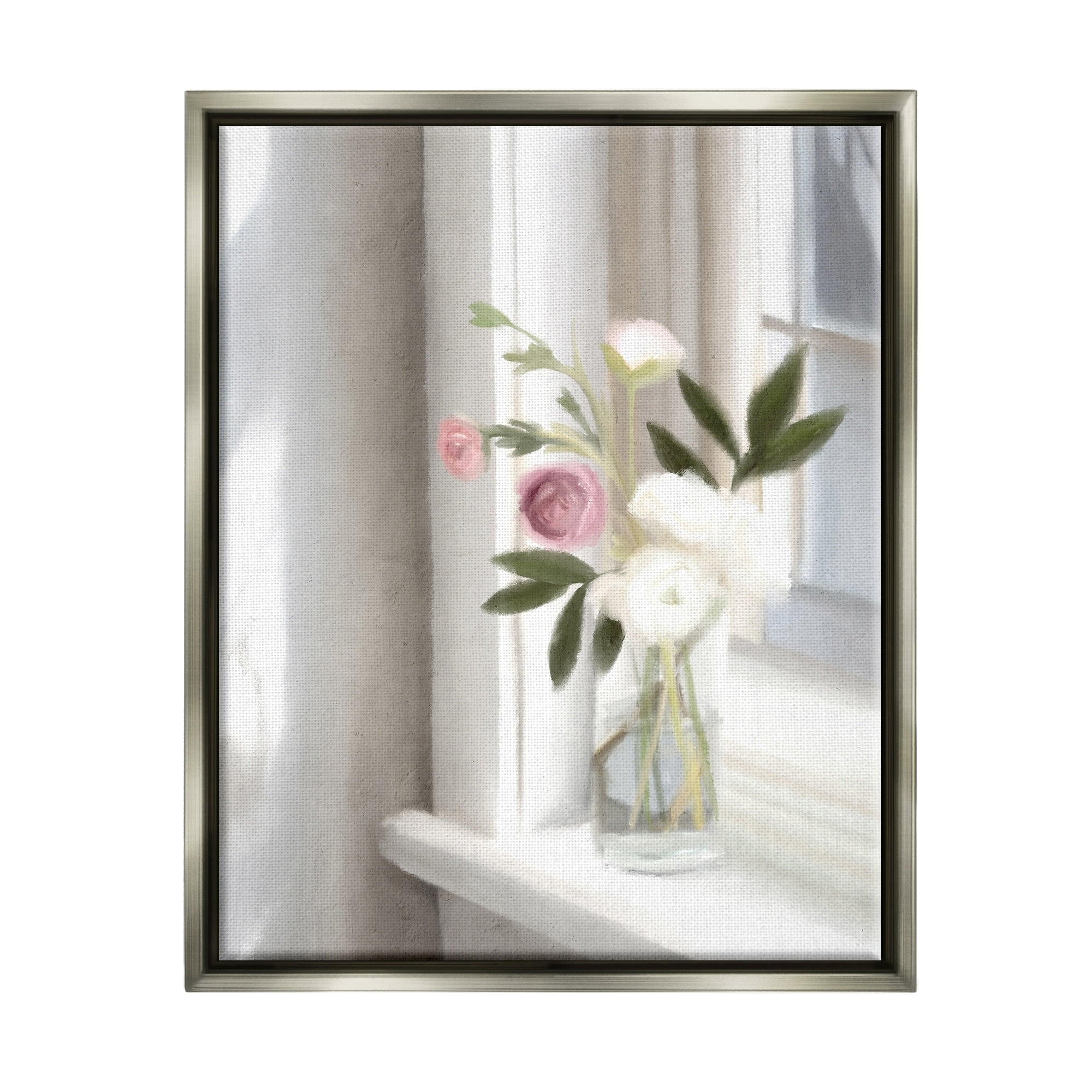 Stupell Industries Sunlit Flower Bouquet Blooming White Petals Windowsill Painting Luster Gray Floating Framed Canvas Print Wall Art, Design by Leah Straatsma