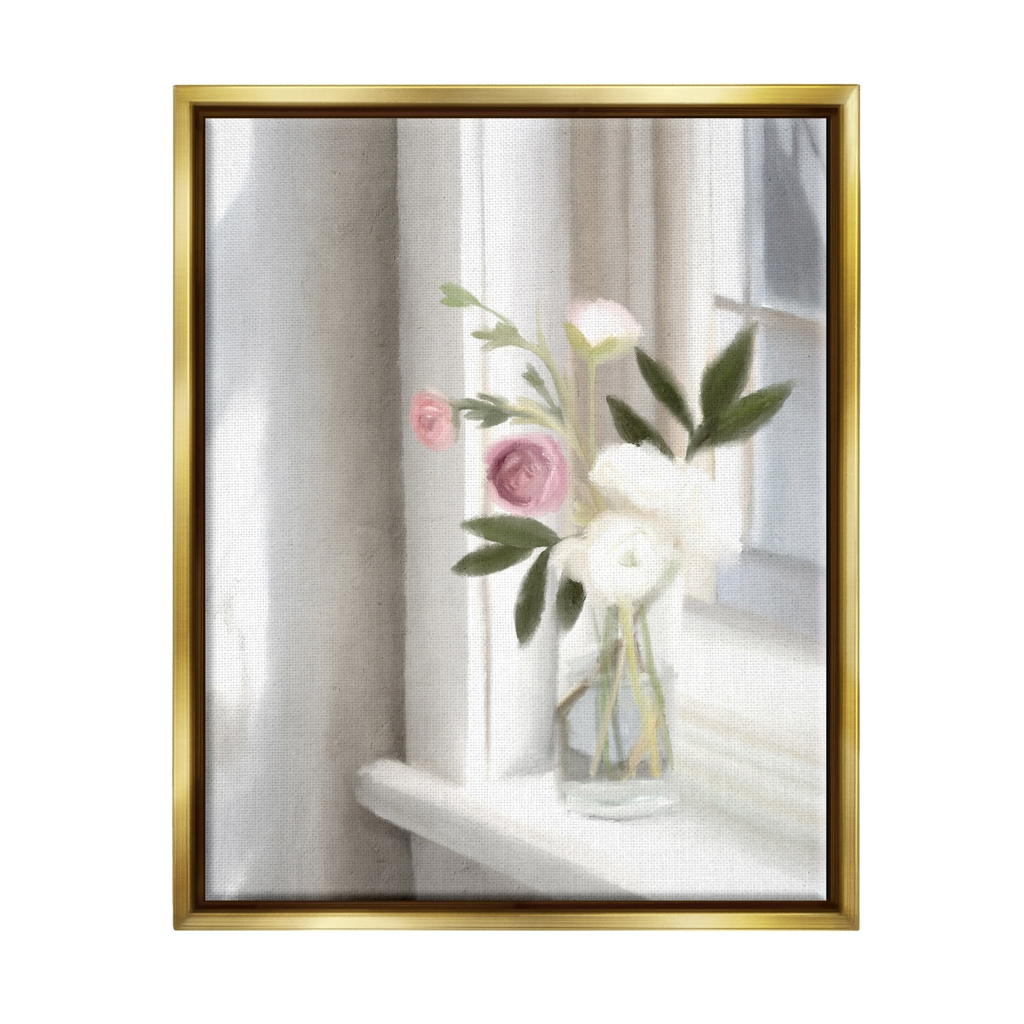 Stupell Industries Sunlit Flower Bouquet Blooming White Petals Windowsill Painting Metallic Gold Floating Framed Canvas Print Wall Art, Design by Leah Straatsma