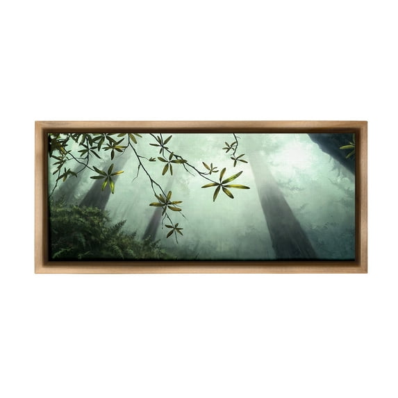 Stupell Industries Sunlit Forest Greenery Landscape Painting Brown Floater Framed Canvas Art Print Wall Art, 31 x 14