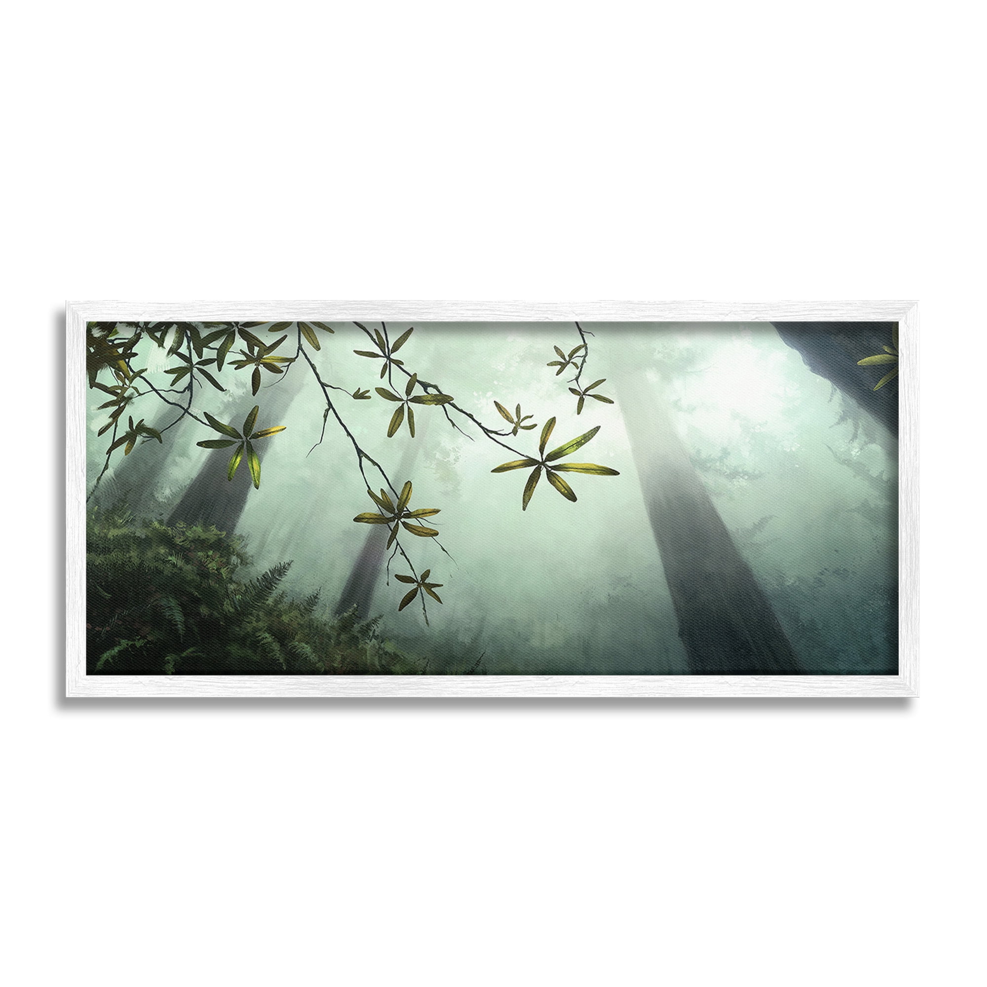 Stupell Industries Sunlit Forest Greenery Landscape Painting White Framed Art Print Wall Art, 30 x 13