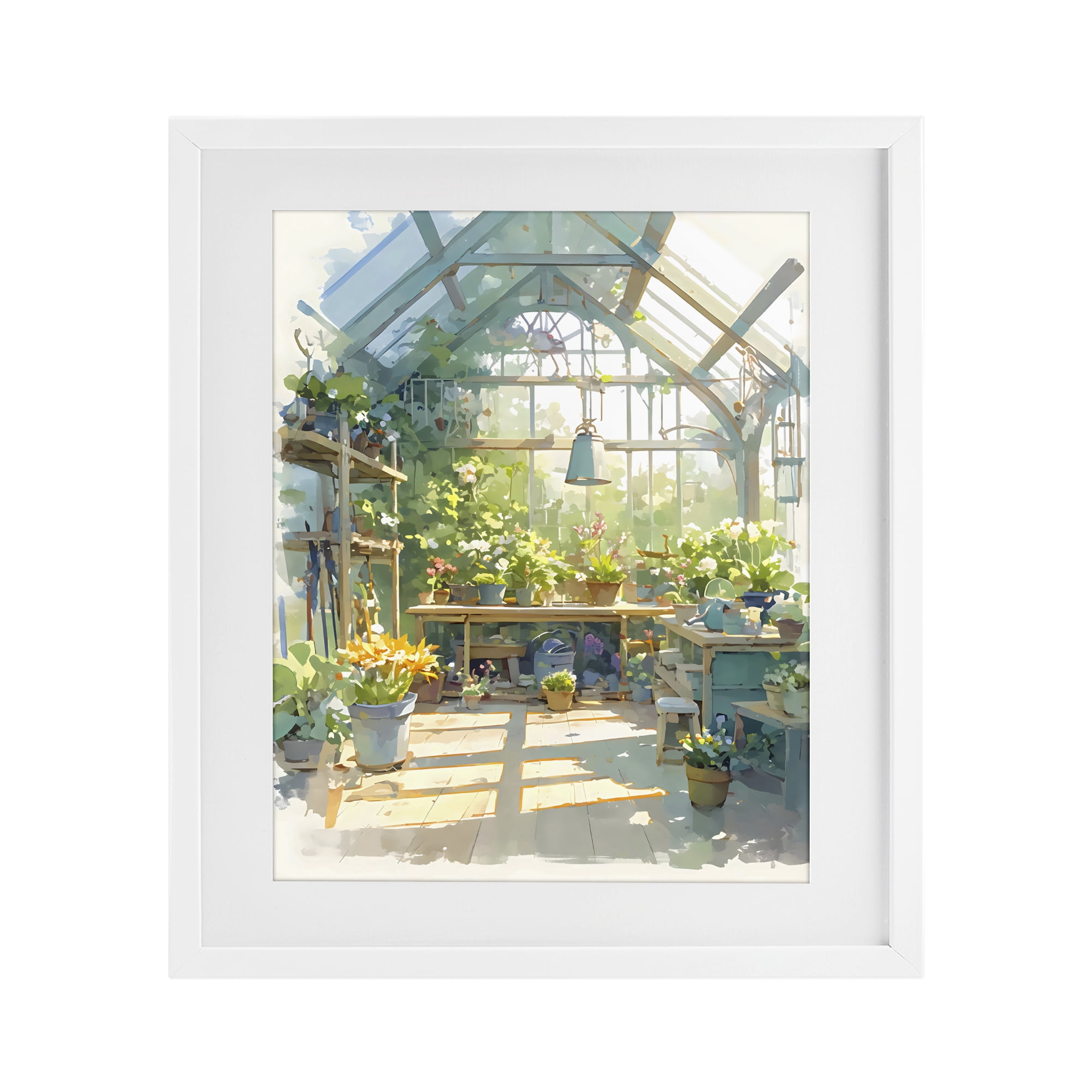 Sunlit Greenhouse Plant Sanctuary White Framed Print Under Glass, 13 x 16 - By Creative Studio