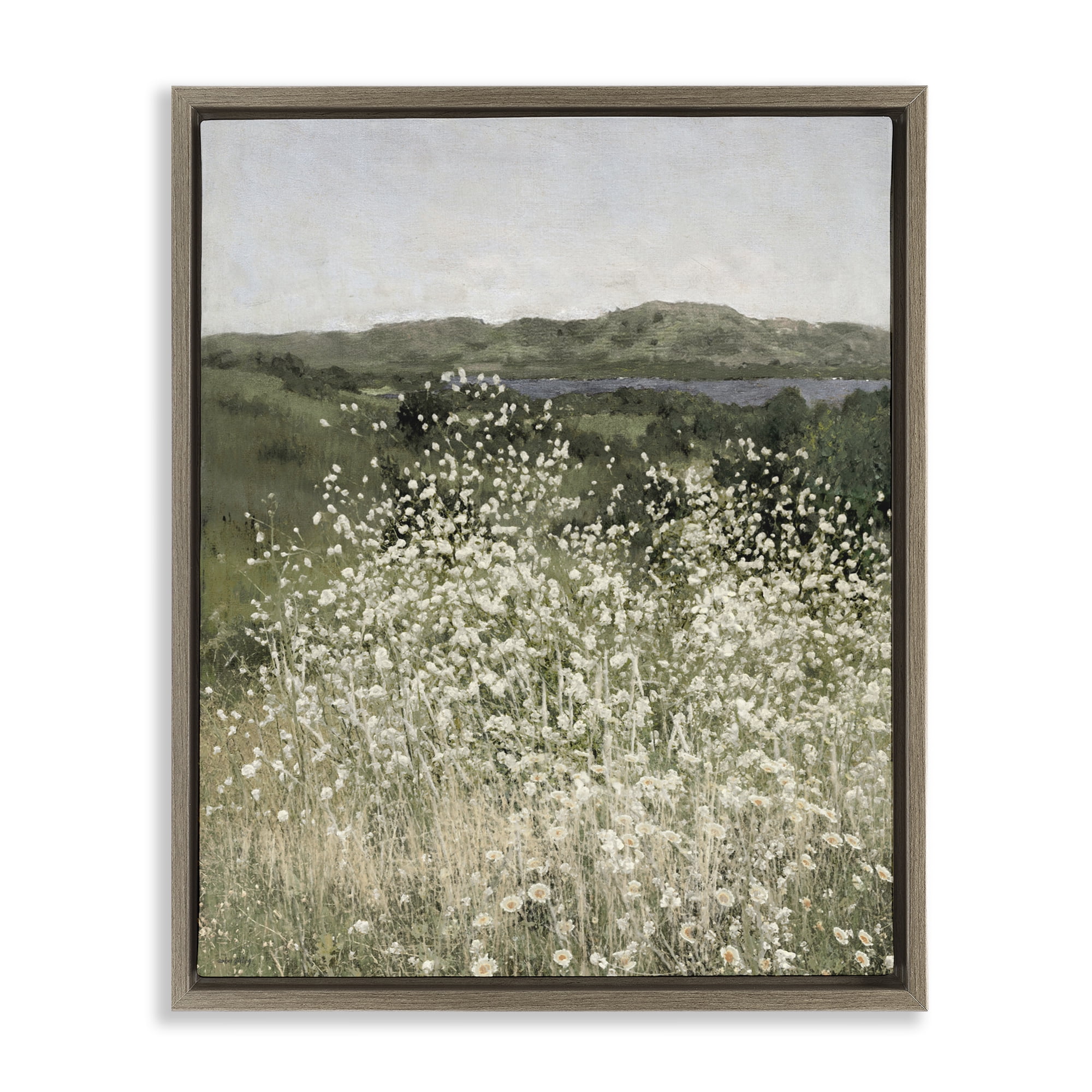 Stupell Industries Sunlit Meadow of White Daisies Brown Framed Floater Canvas Wall Art, design by Amber Sterling