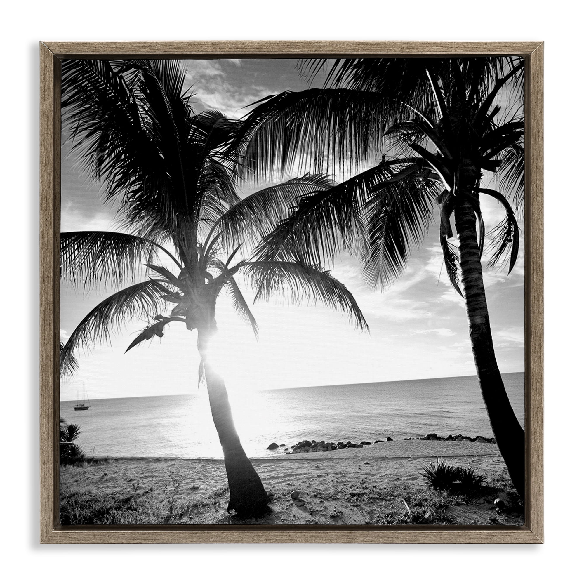 Stupell Industries Sunlit Palm Silhouettes Coastal Photography Brown Floater Framed Canvas Art Print Wall Art, 18 x 18