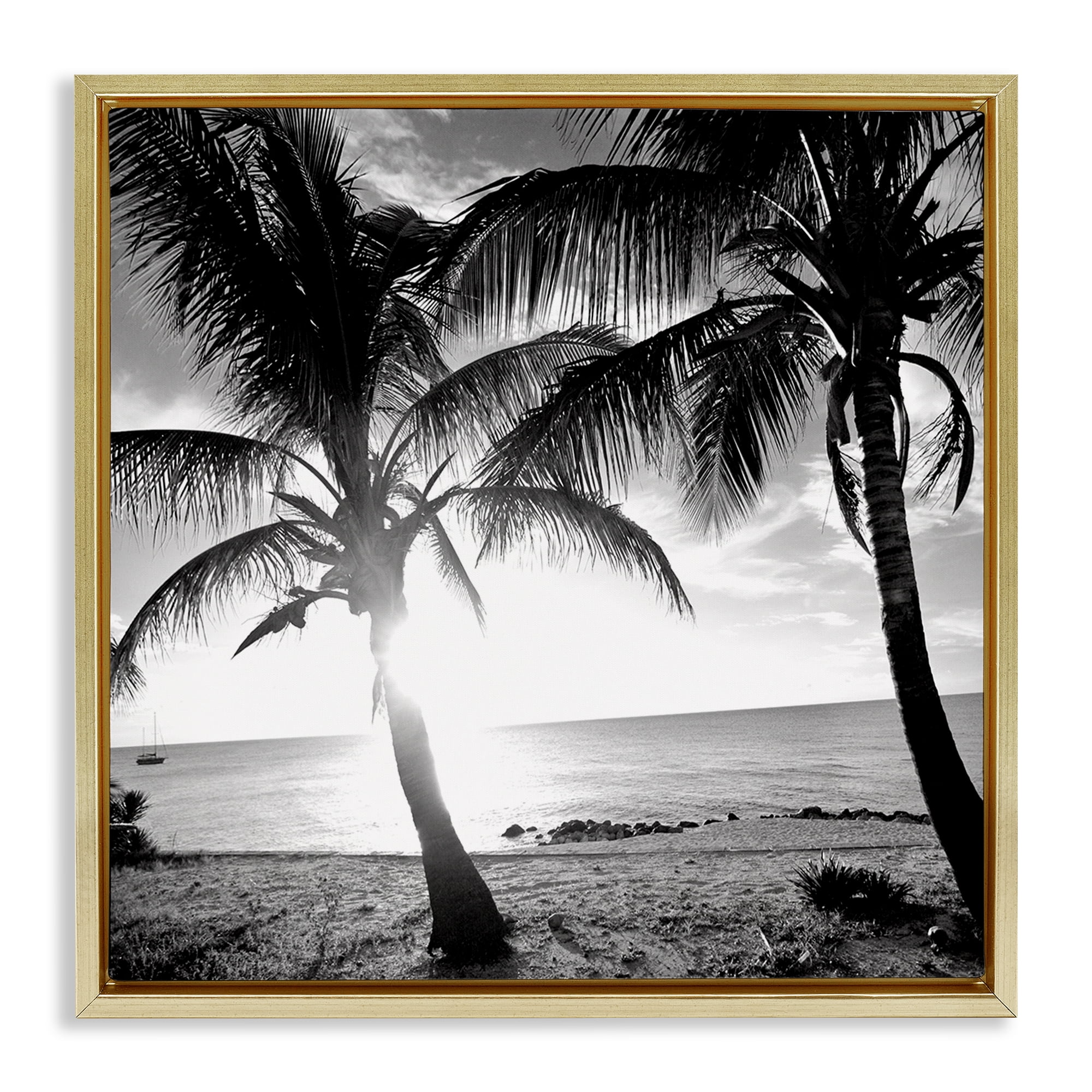 Stupell Industries Sunlit Palm Silhouettes Coastal Photography Gold Floater Framed Canvas Art Print Wall Art, 18 x 18