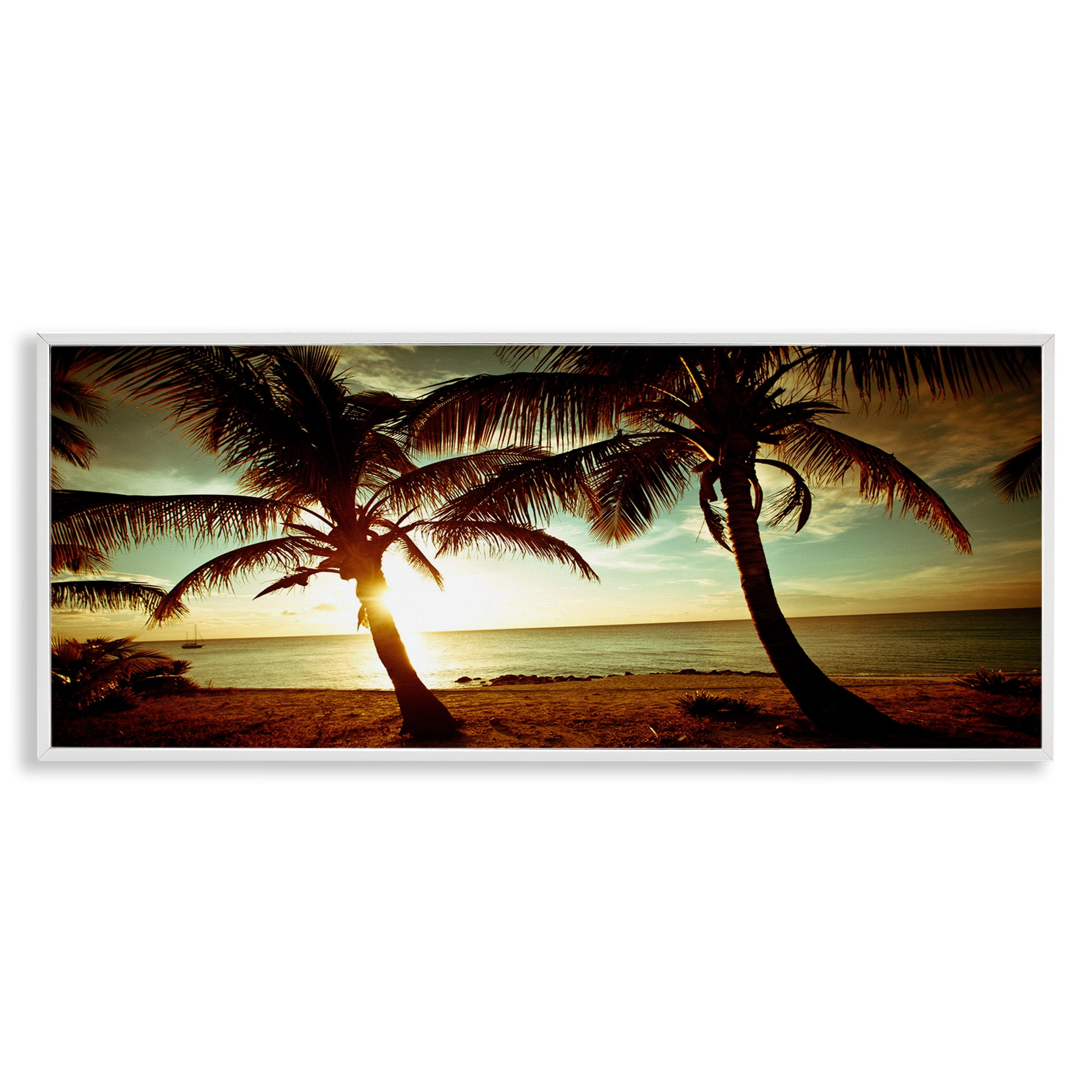 Sunlit Palm Trees Coastal Photography White Framed Art Print, 30 x 13