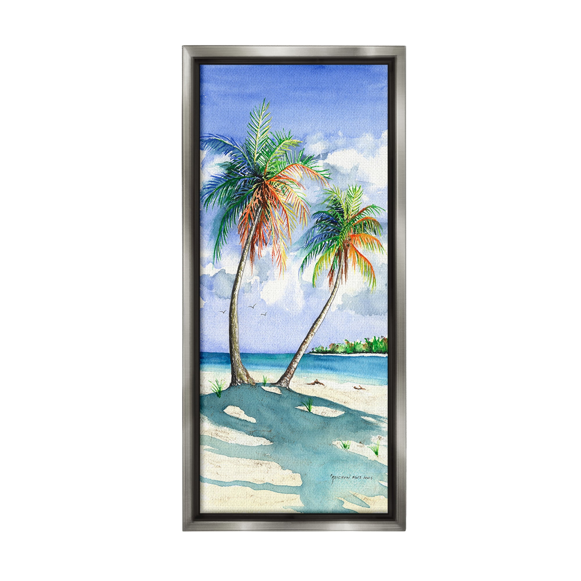 Stupell Industries Sunlit Palm Trees Landscape Painting Gray Floater Framed Canvas Art Print Wall Art, 11 x 25